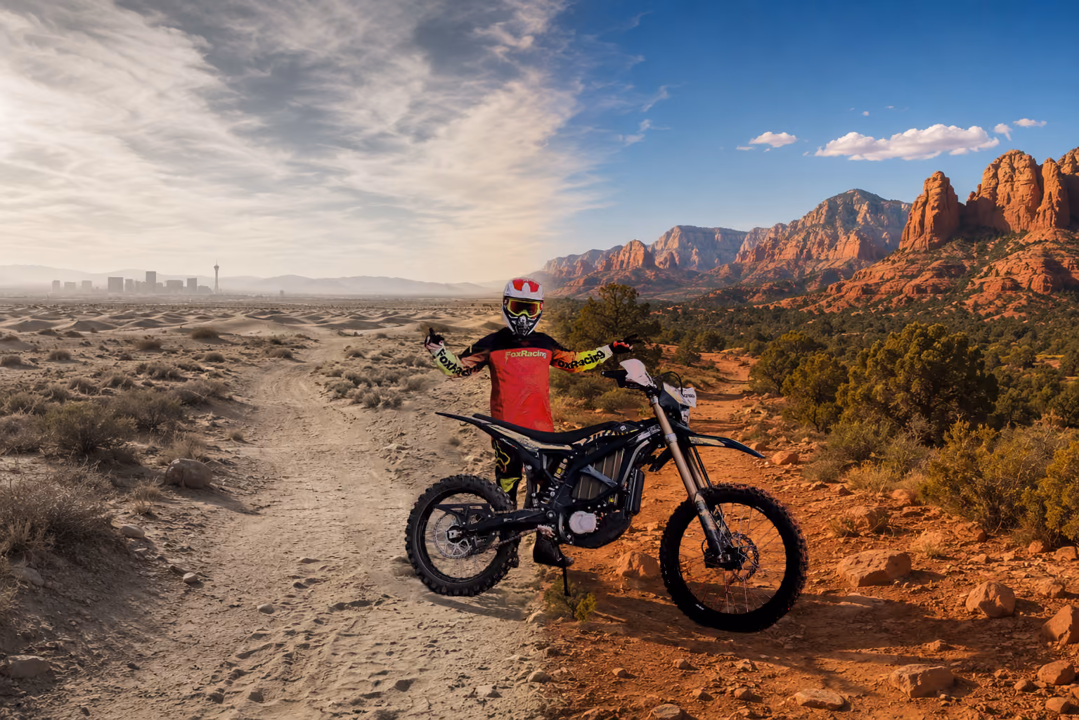 A man standing next to a Surron Ultra Bee on the Utah–Nevada border, highlighting the stark contrast between the two landscapes: Las Vegas appears bleak and desaturated, while Southern Utah is colorful, vibrant, and dramatically scenic.