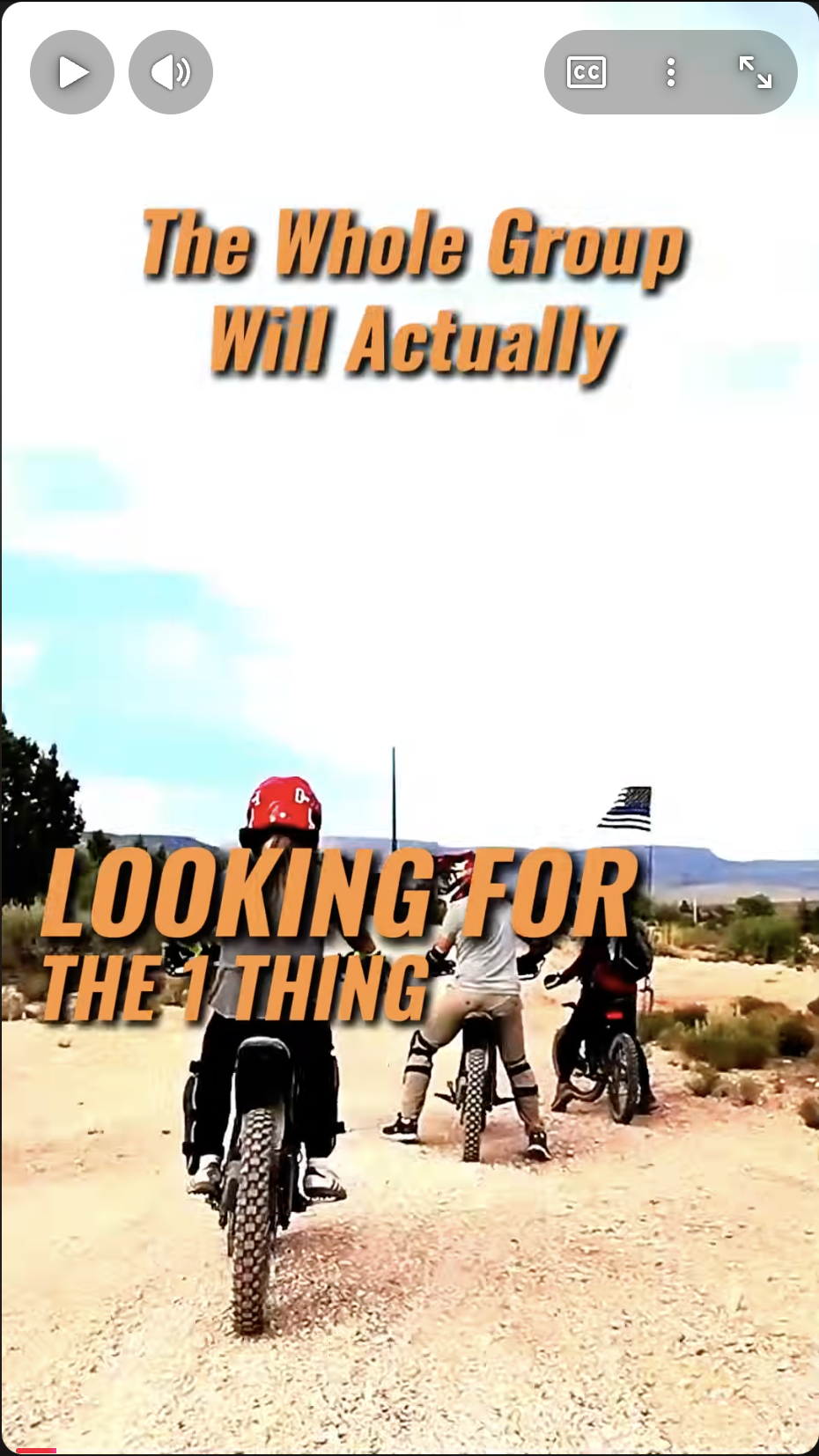 Three people on dirt bikes riding on a rocky path in an open landscape with text overlay.