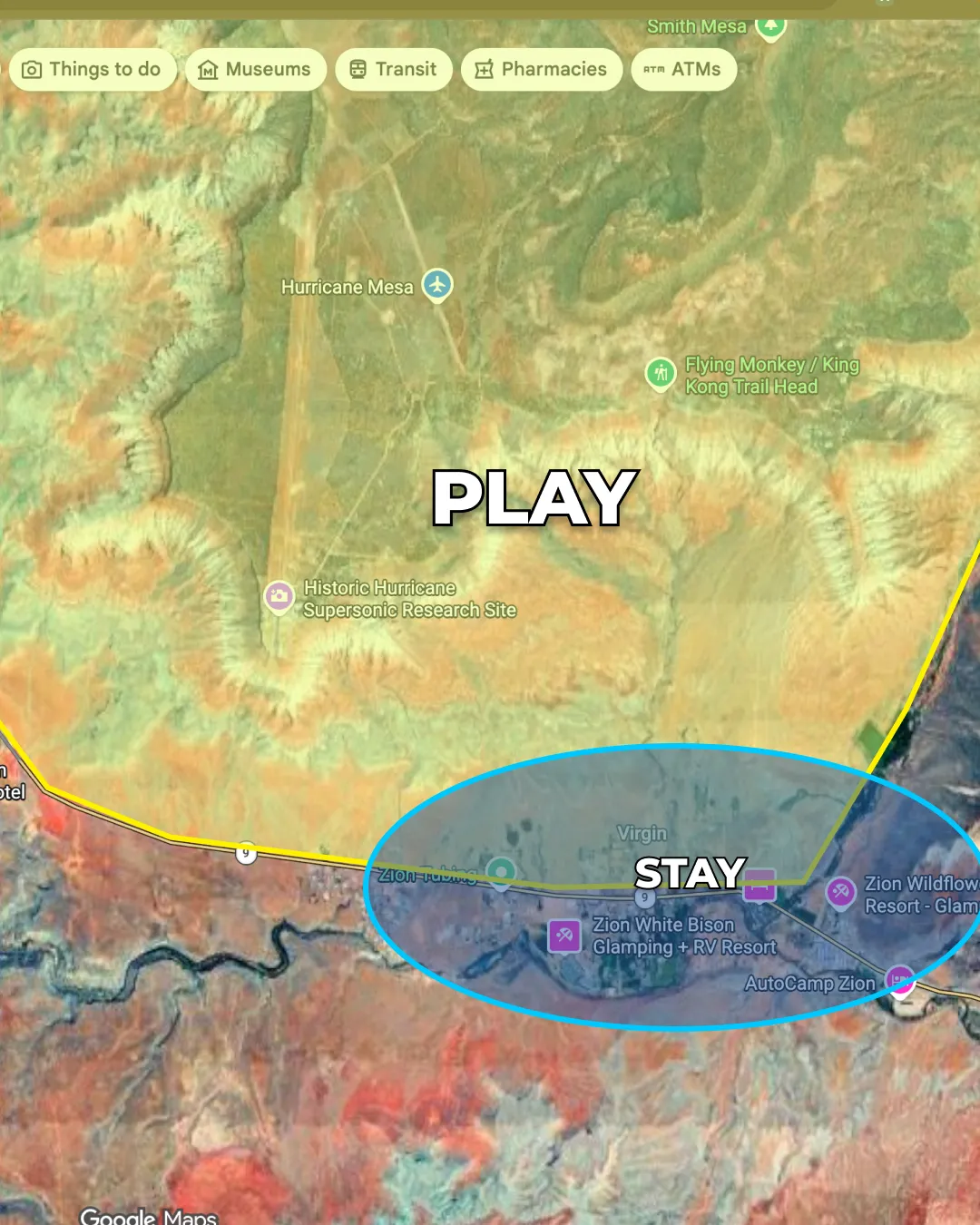 Map of stays near Virgin and Zion relative to SoTah's riding areas