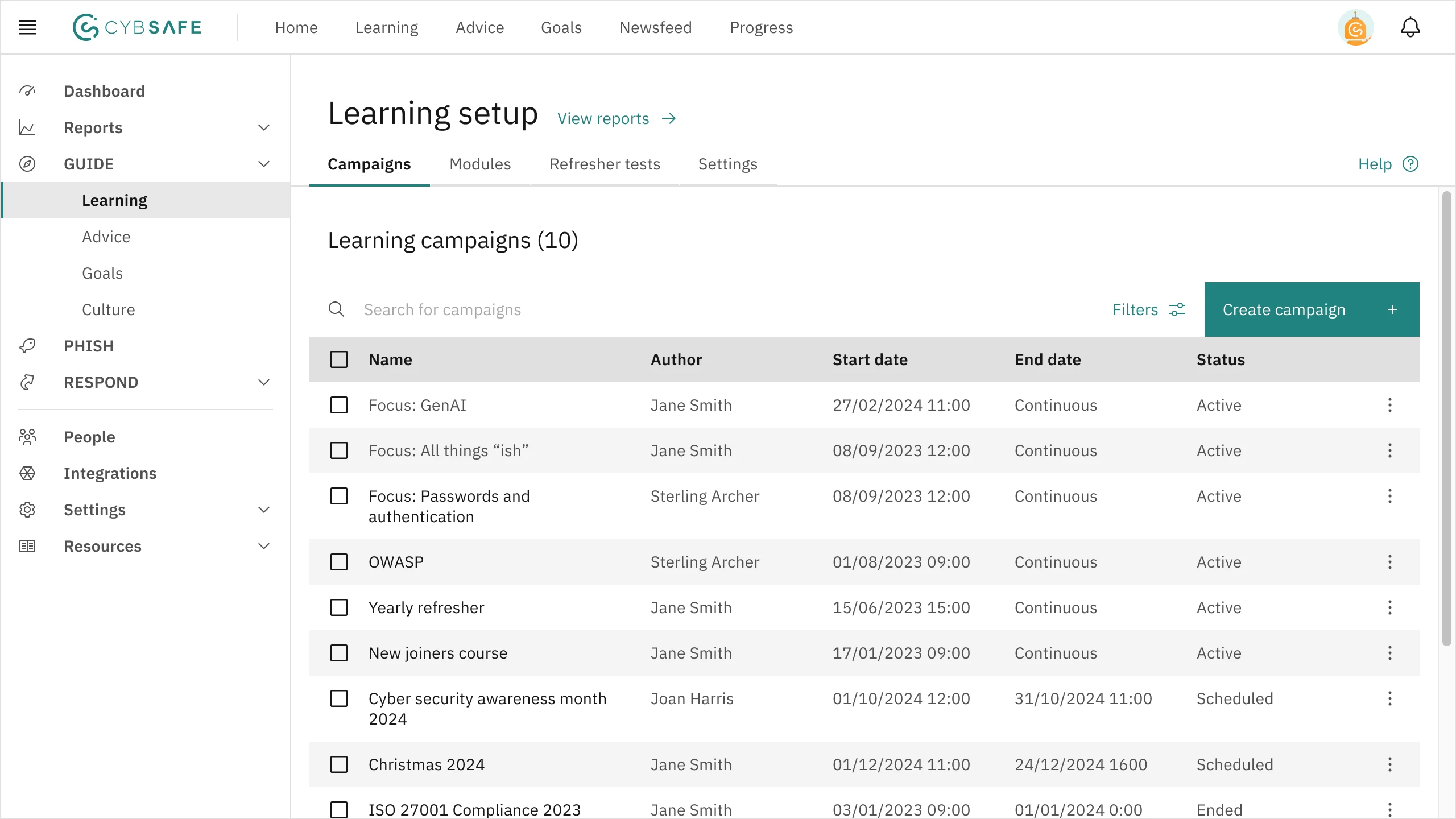 The interface for setting up 'Learning campaigns'. It shows a table of campaigns with details like their name and status. There is also a button to create new campaigns and a link next to the title for accessing reports.