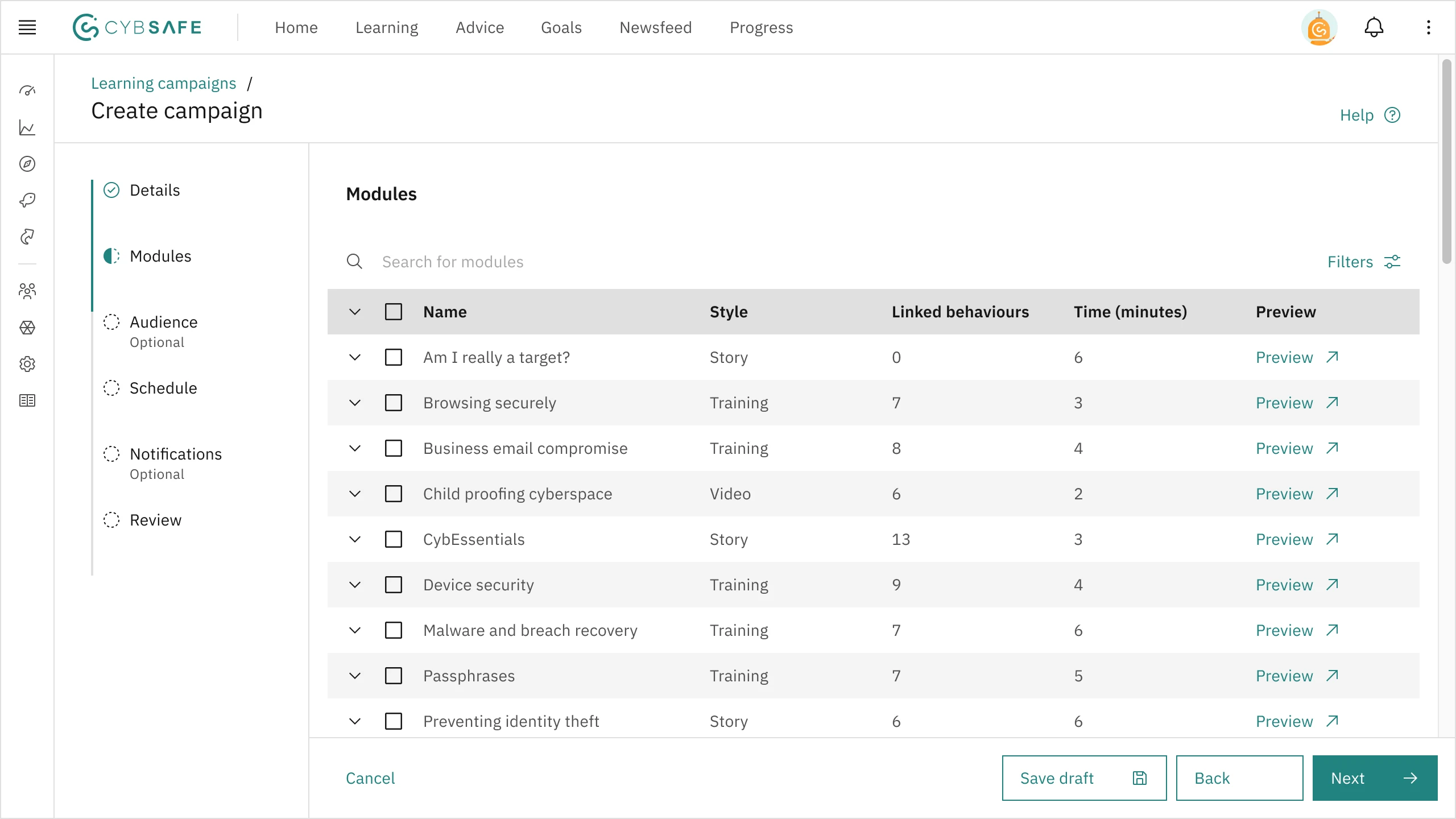 The 'Modules' step of creating a Learning campaign. It has a table of modules with links to preview them. Two have been selected using checkboxes next to their names. 'Cancel,' 'Back,' and 'Next' buttons are at the bottom.