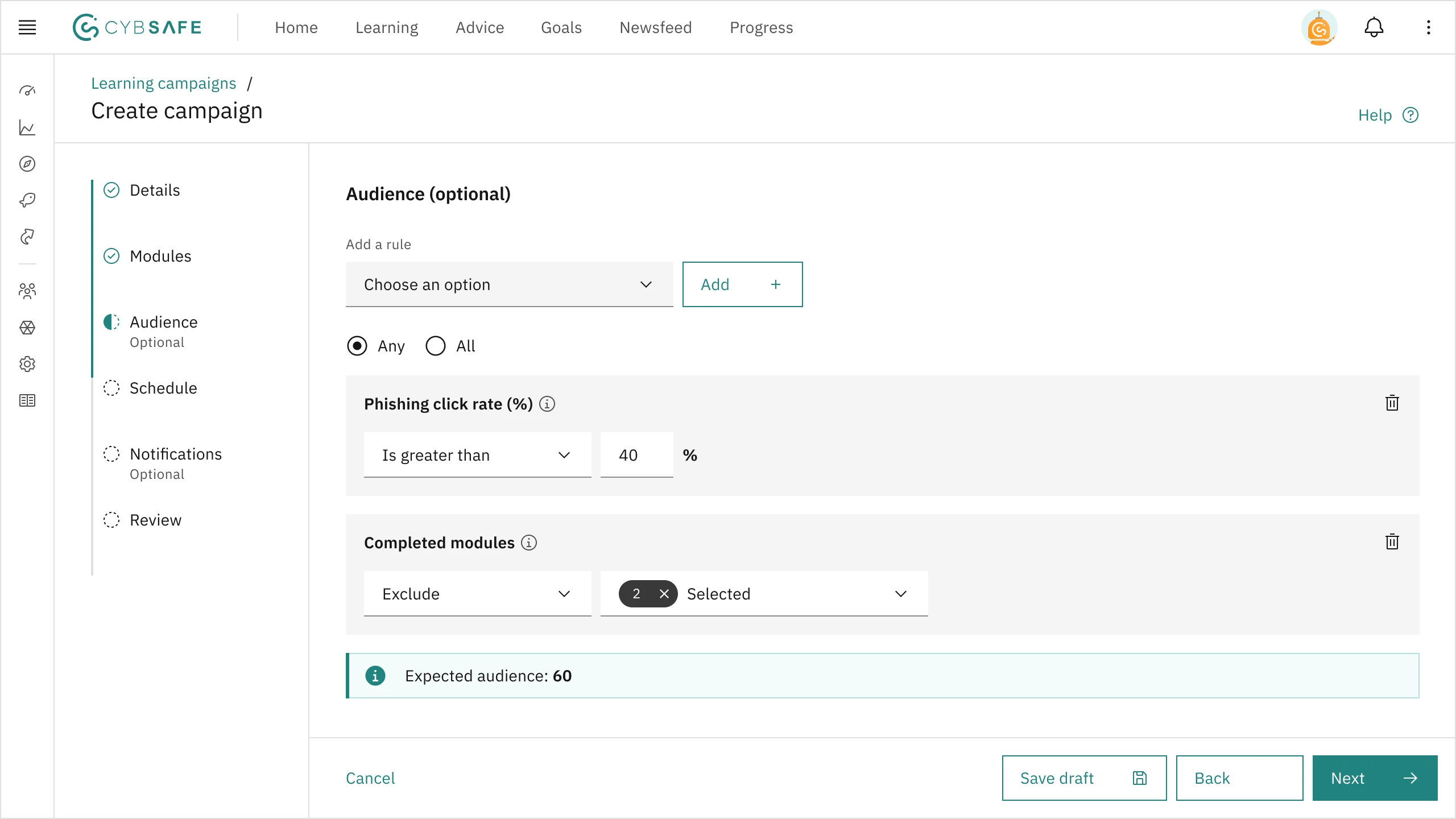 The 'Audience' step of creating a Learning campaign. It has options to add audience rules, with two rules having been added already. 'Cancel,' 'Back,' and 'Next' buttons are at the bottom.