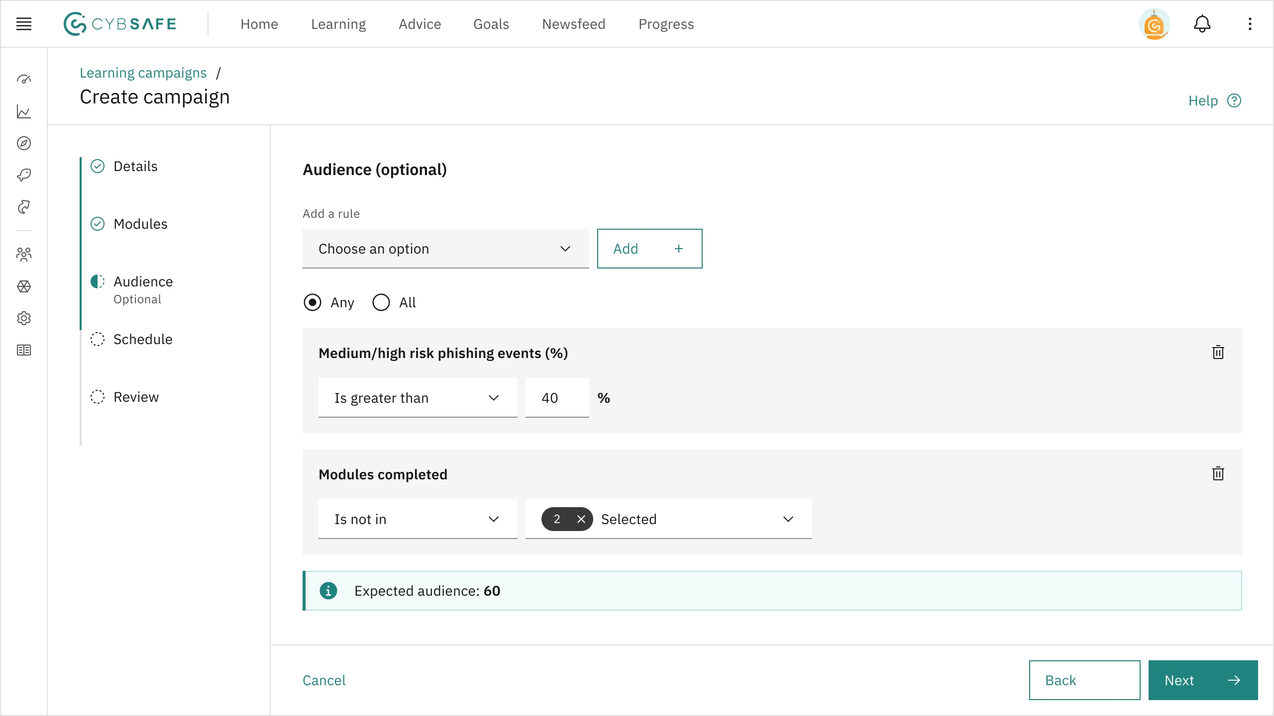 The 'Audience' step of creating a Learning campaign. It has options to add audience rules, with two rules having been added already. 'Cancel,' 'Back,' and 'Next' buttons are at the bottom.