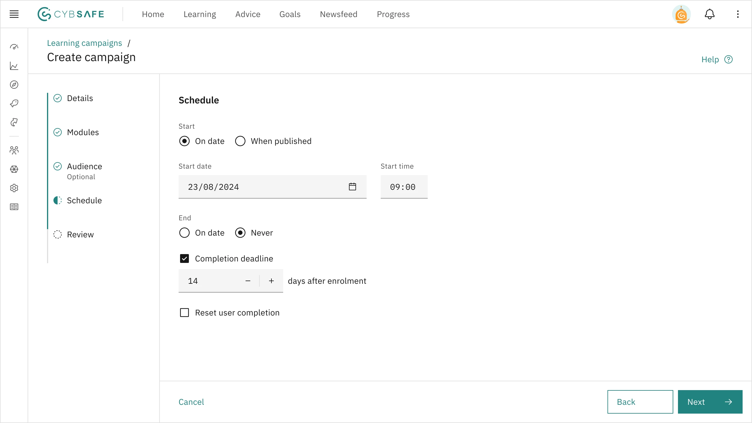 The 'Schedule' step of creating a Learning campaign. It contains options for start and end dates, completion deadline, and if and when to reset user completion. 'Cancel,' 'Back,' and 'Next' buttons are at the bottom.