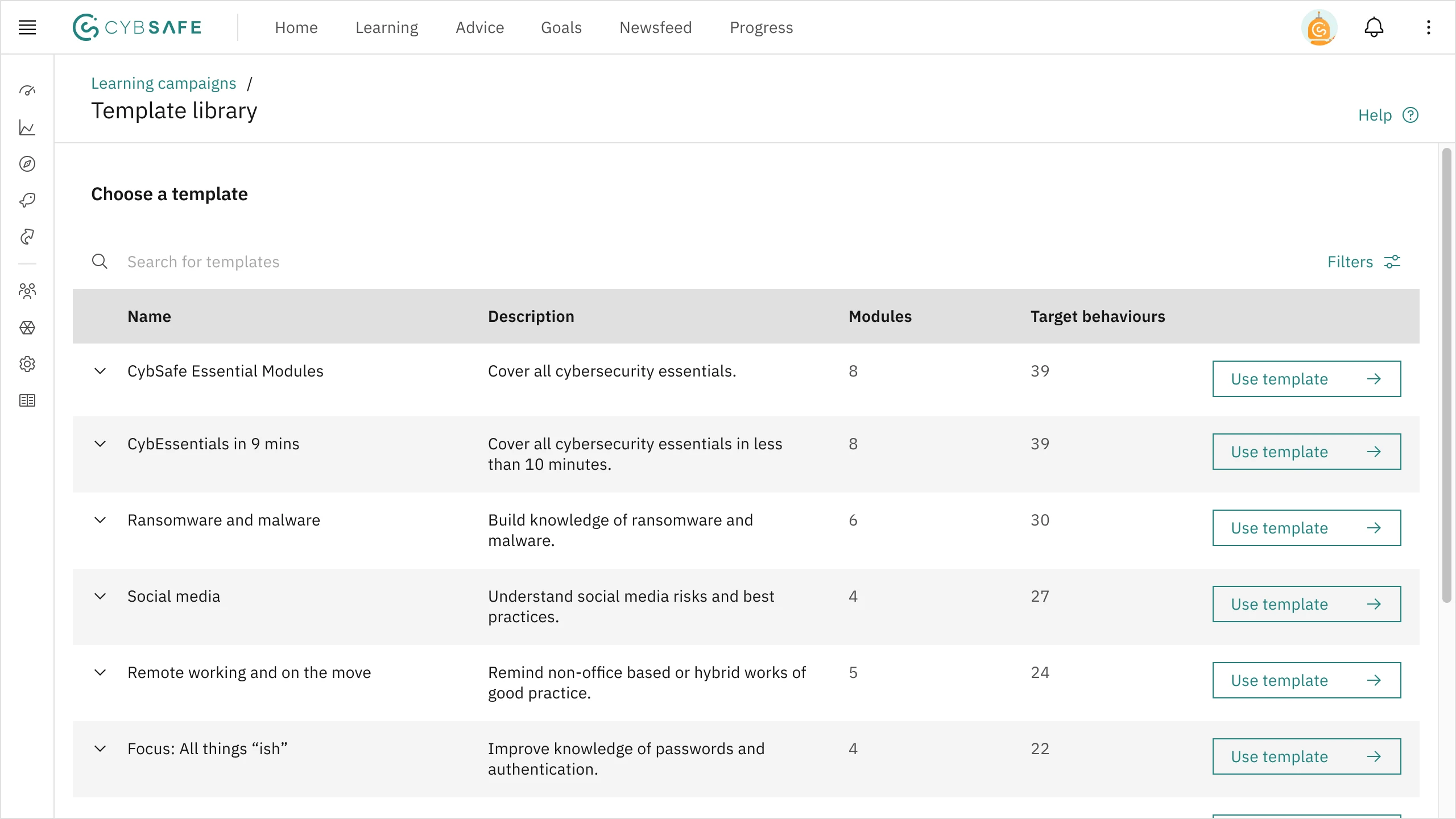 Learning campaign templates page. It displays a table listing each template with key details like its name. Each row includes a call to action to 'Use template'.