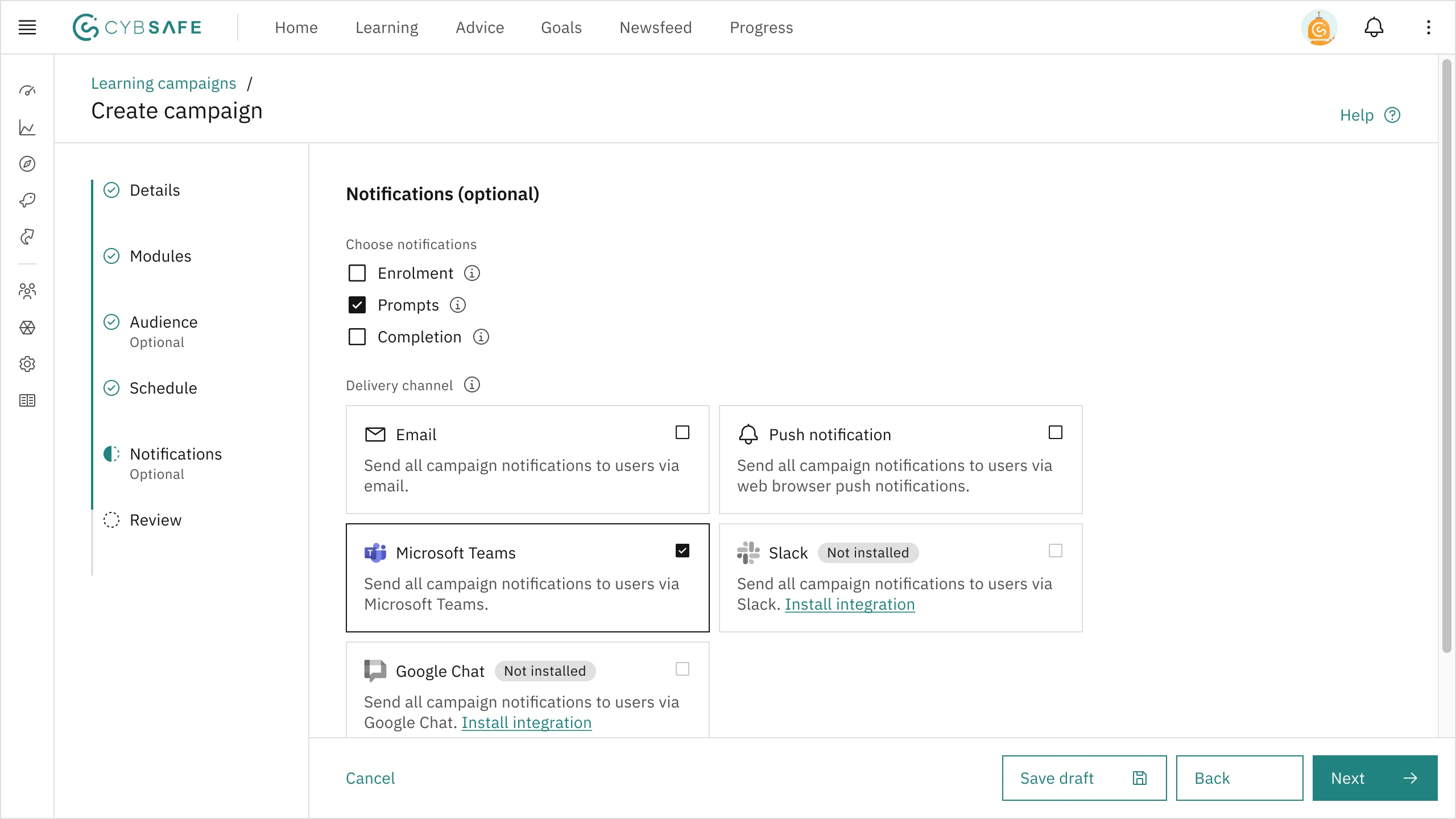 The 'Notifications' step for creating a learning campaign. It has three options for what notifications to send to users. There's also a delivery channel  setting with options like email, Microsoft Teams, and Slack.