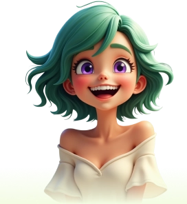 A joyful, realistic woman with short, lush emerald green hair, exuding happiness and playfulness. Her bright smile and expressive eyes convey a sense of warmth and excitement.
