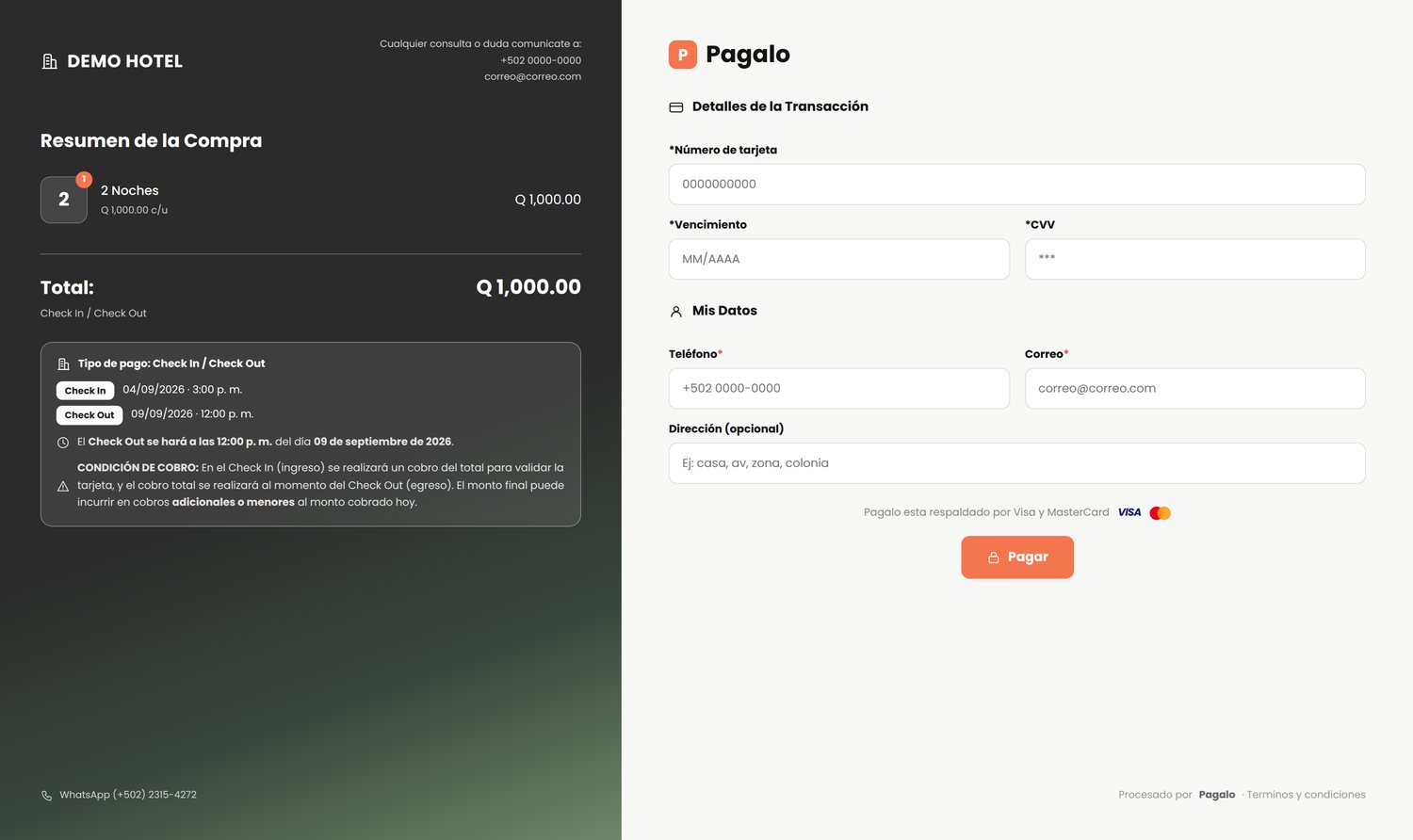 Página de pago que ve el consumidor final con la condición Check In / Check Out