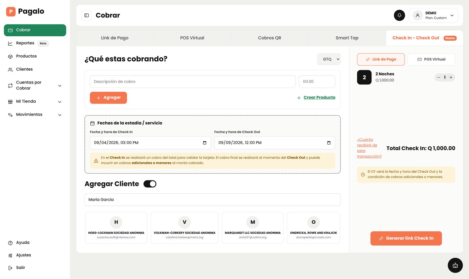 Configuración del cobro Check In con fechas de estadía