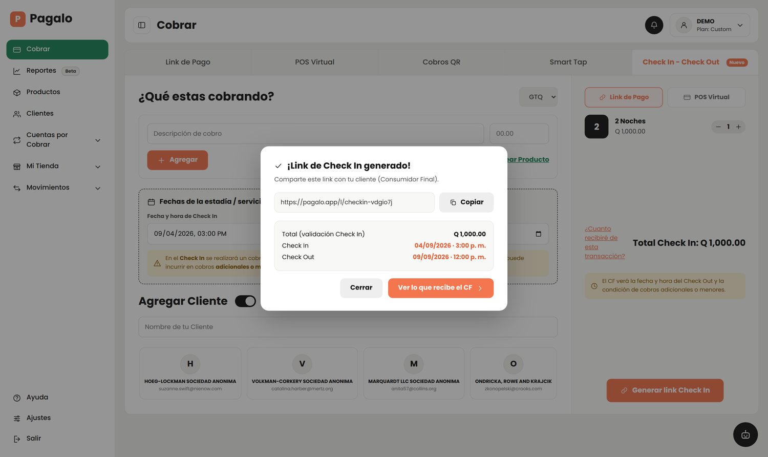 Link de Check In generado listo para compartir