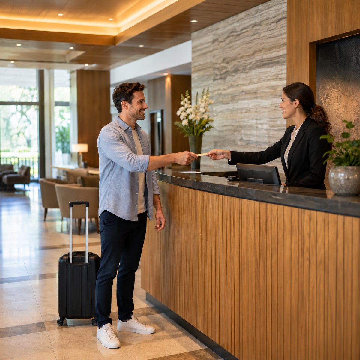 Cliente entregando su tarjeta en la recepción de un hotel durante el check in