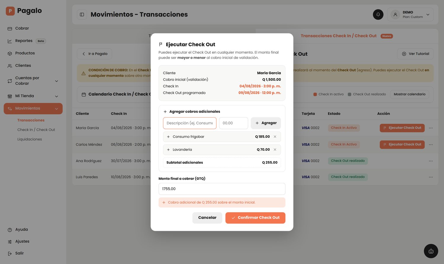 Modal para ejecutar el Check Out agregando cobros adicionales