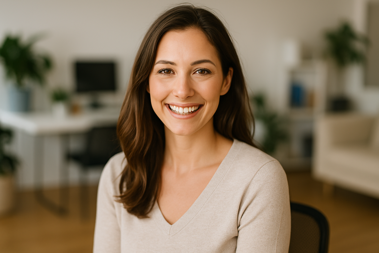  A happy woman with smooth, radiant skin sitting in a bright, modern wellness clinic, showcasing confidence and relaxation after laser hair removal treatments.