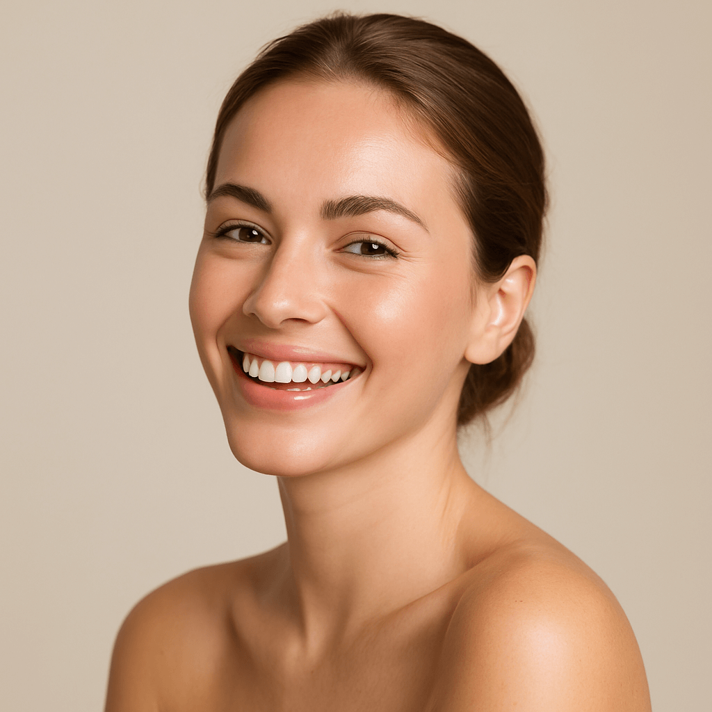 A smiling woman with glowing, smooth skin after dermaplane treatment, showcasing a healthy and radiant complexion suitable for a wellness and skincare article.