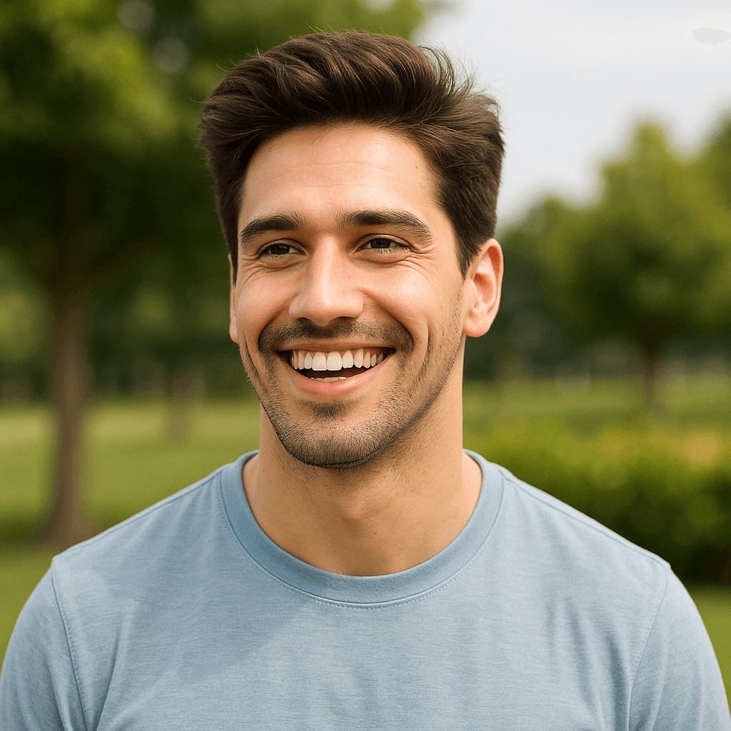 Smiling man with healthy, full hair outdoors, representing natural results and confidence after PRP hair restoration Louisville.
