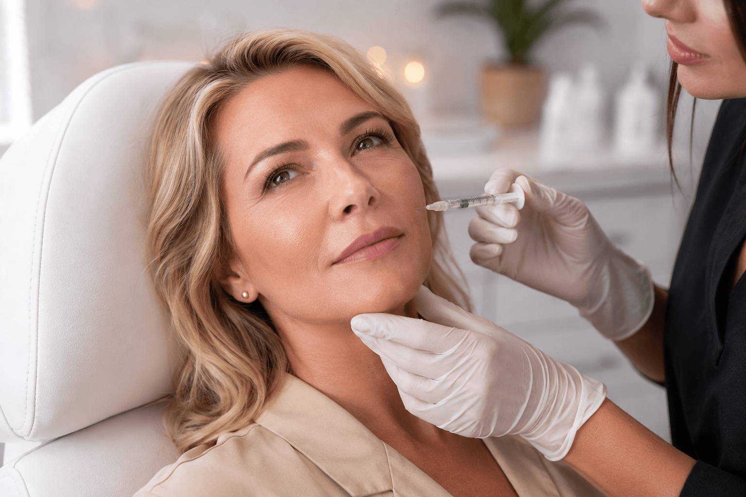 Woman over 40 receiving dermal filler treatment in Louisville Kentucky med spa