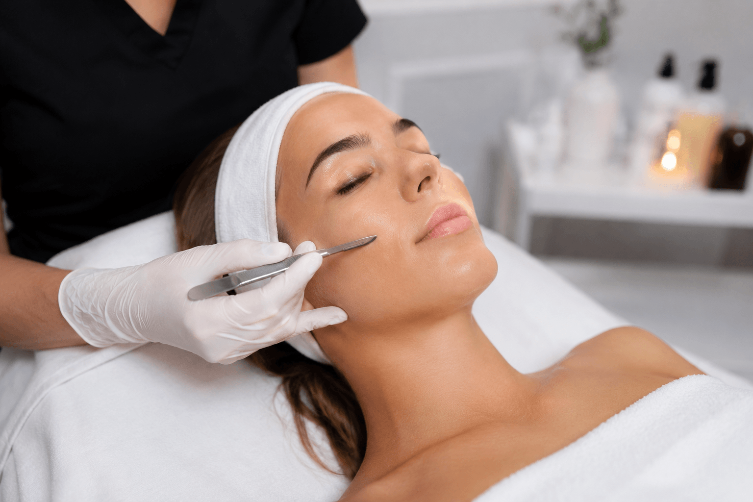 esthetician performing dermaplane treatment on client for smoother skin in Louisville Kentucky med spa