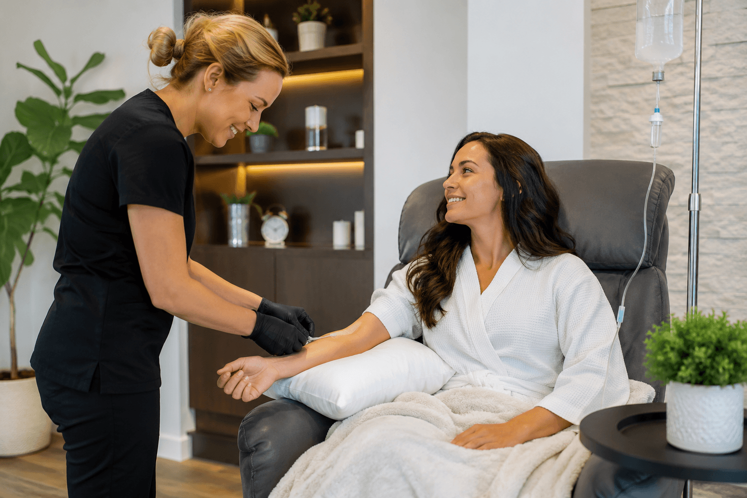 Patient receiving IV therapy treatment for hydration and wellness in a modern clinic setting in Louisville, Kentucky
