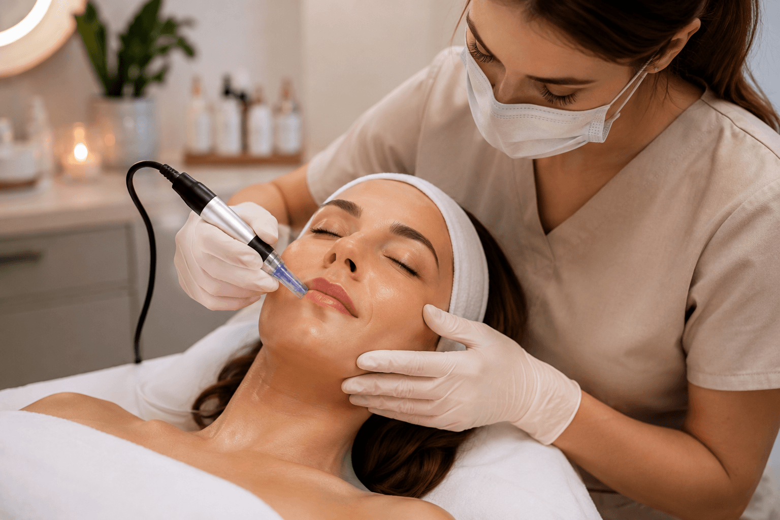 Esthetician performing microneedling with PRP treatment on a client's cheek at a med spa in Louisville, Kentucky