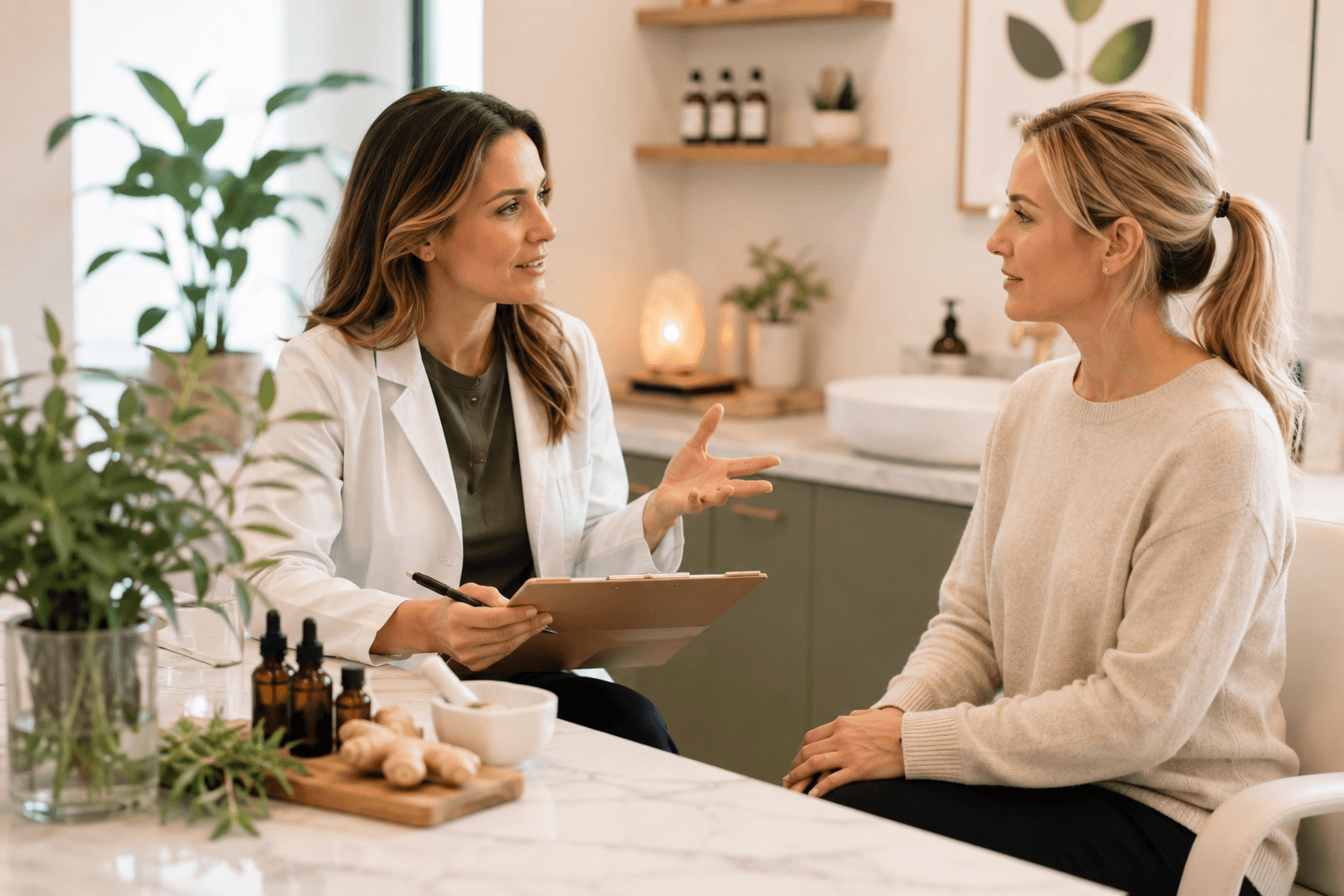 Provider reviewing wellness and hormone evaluation results with a patient in Louisville, Kentucky