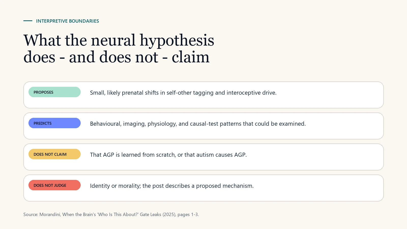 Four-row card explaining what the neural hypothesis proposes, predicts, does not claim, and does not judge.