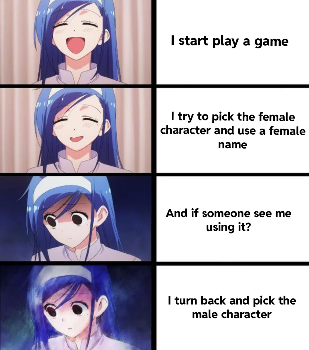 Four-panel anime meme: a player wants to choose a female character and name, worries about being seen, then chooses a male character.