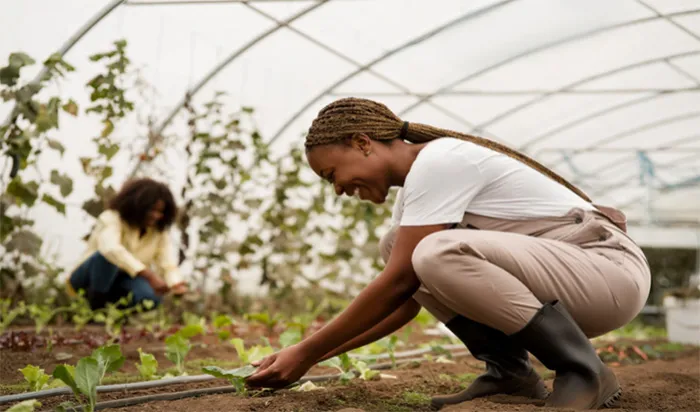 deux femmes dans une serre s'occupant des plantes.