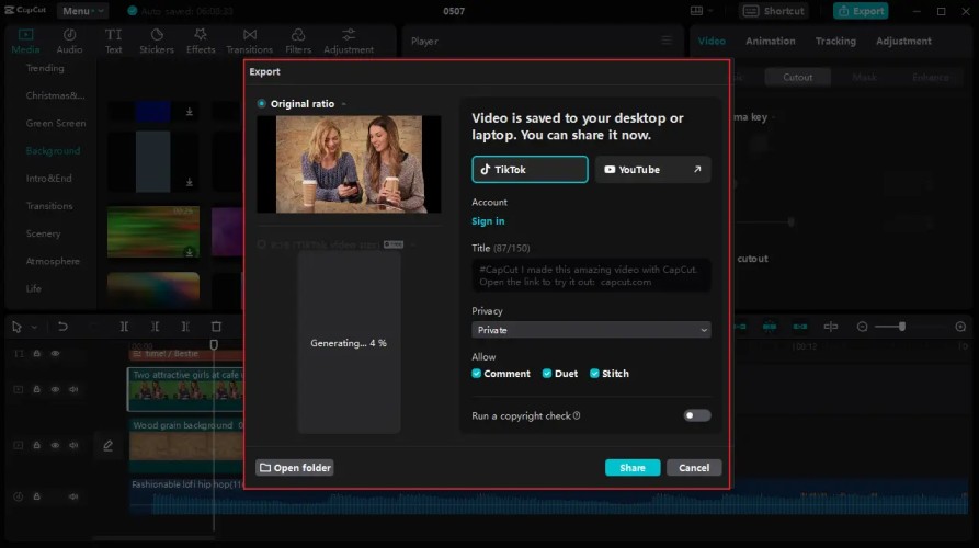 CapCut export settings panel showing options for resolution, format, frame rate, and audio settings before final video export