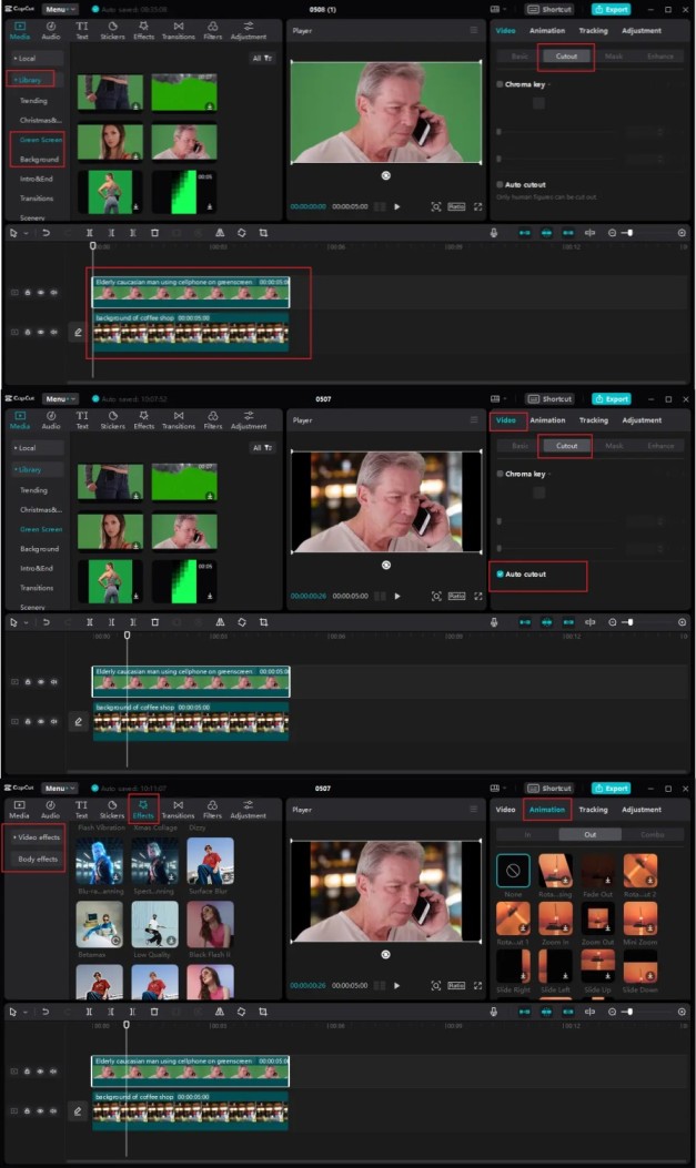 CapCut media library screen showing imported video files ready for auto cutout background removal.