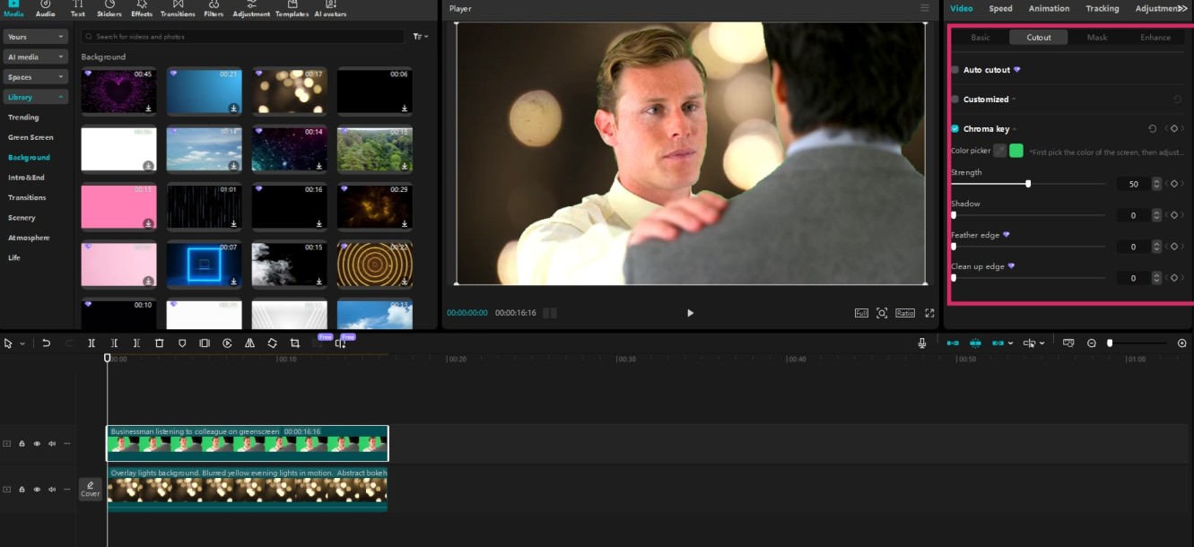 CapCut video editing interface displaying the Chroma Key feature with color selection tool and adjustment sliders for strength and shadow