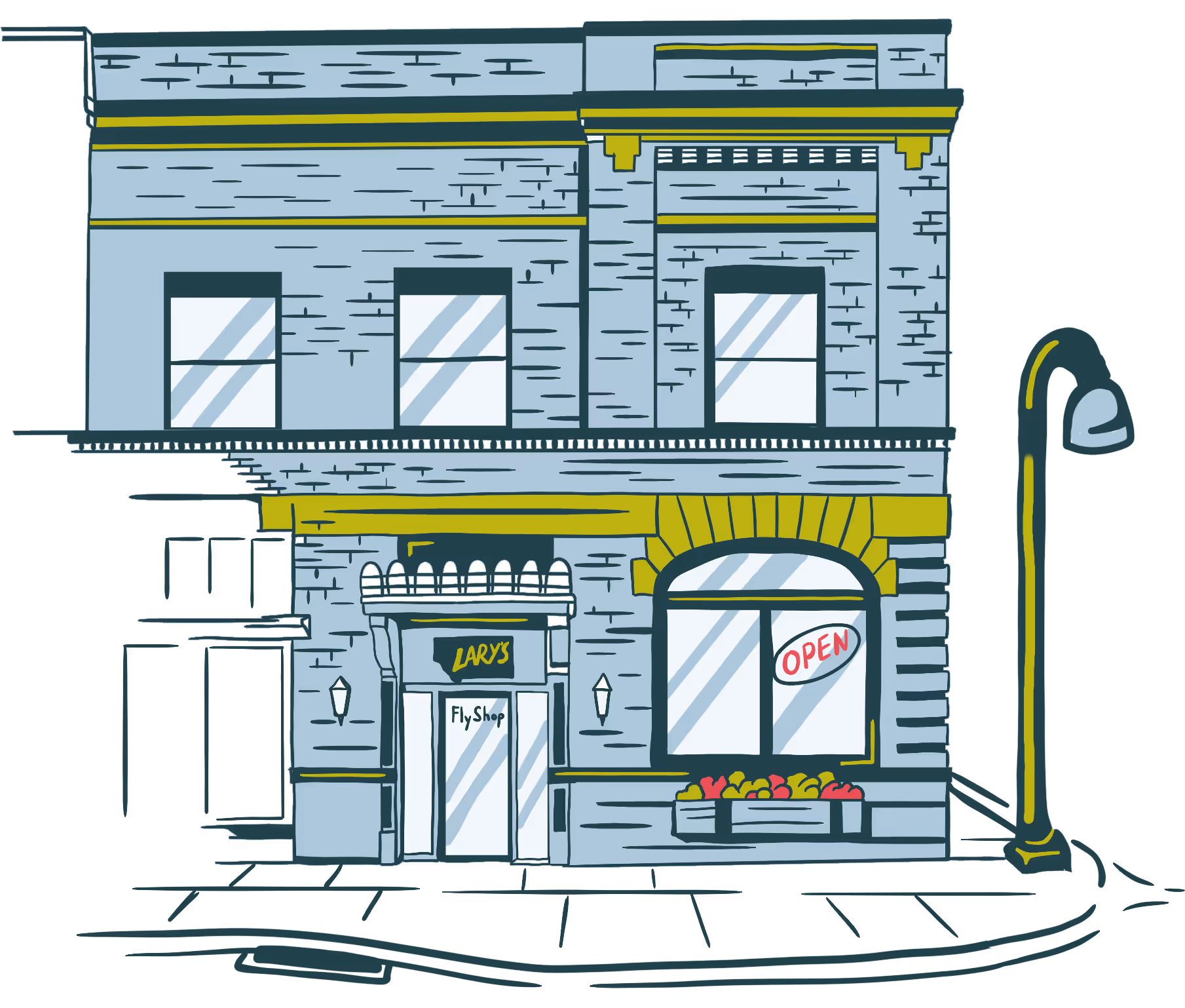 illustration of larys fly and supply shop store