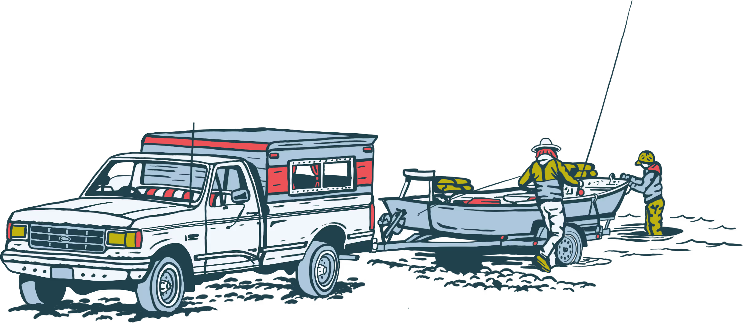 illustration of fly fishing guide with truck, trailer and drift boat