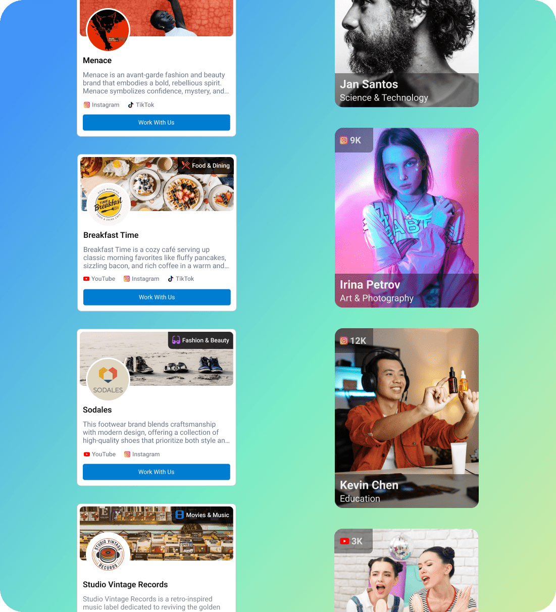 BIX Creator Marketplace and performance based influencer marketing platform showing brand profiles beside influencer and content creator profiles to showcase how matching is done on the bix platform.