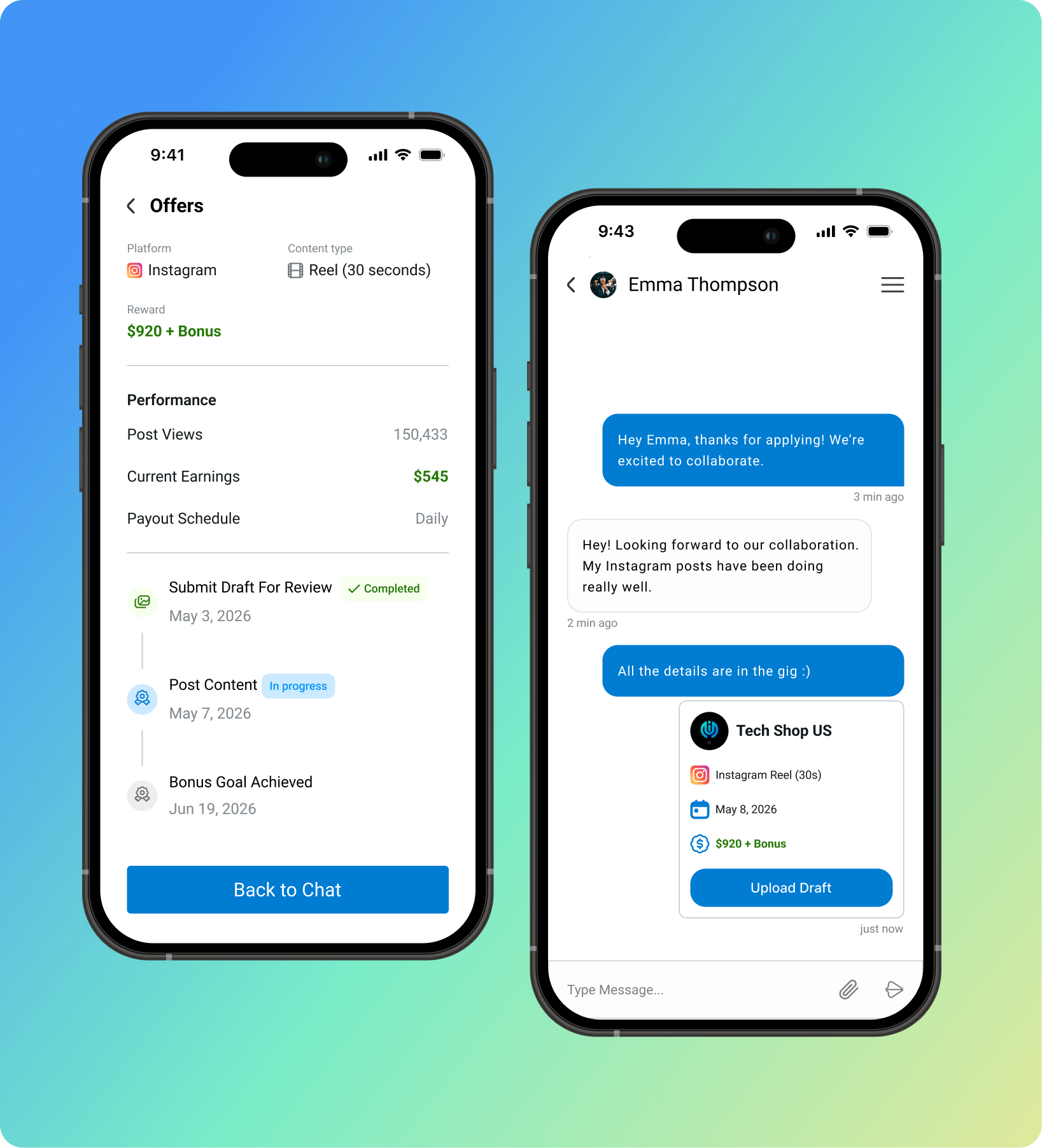 BIX Creator Marketplace and performance based influencer marketing platform showing the mobile app on two phones. One has a chat and the other has the payout information and details.