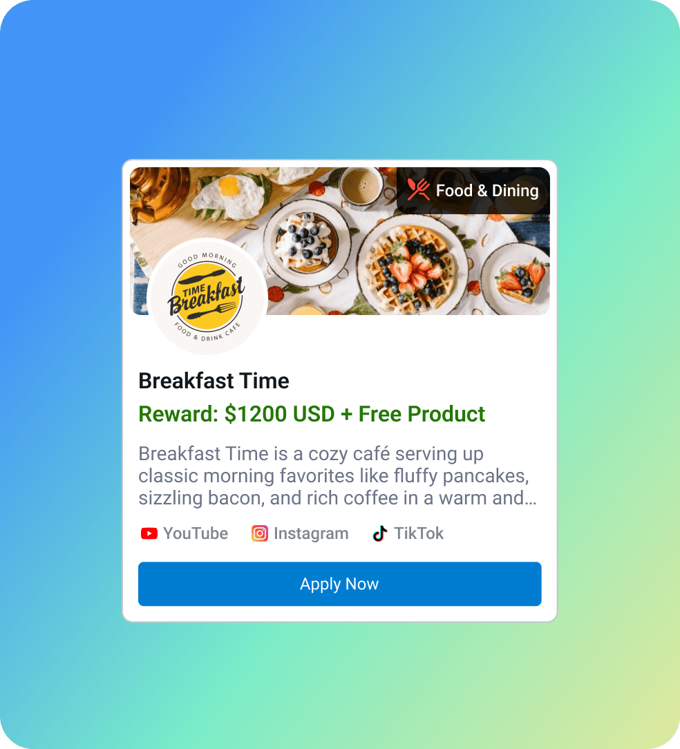 BIX Influencer Marketplace and performance based influencer marketing platform showing a card of a brand that is offering a paid brand deal.