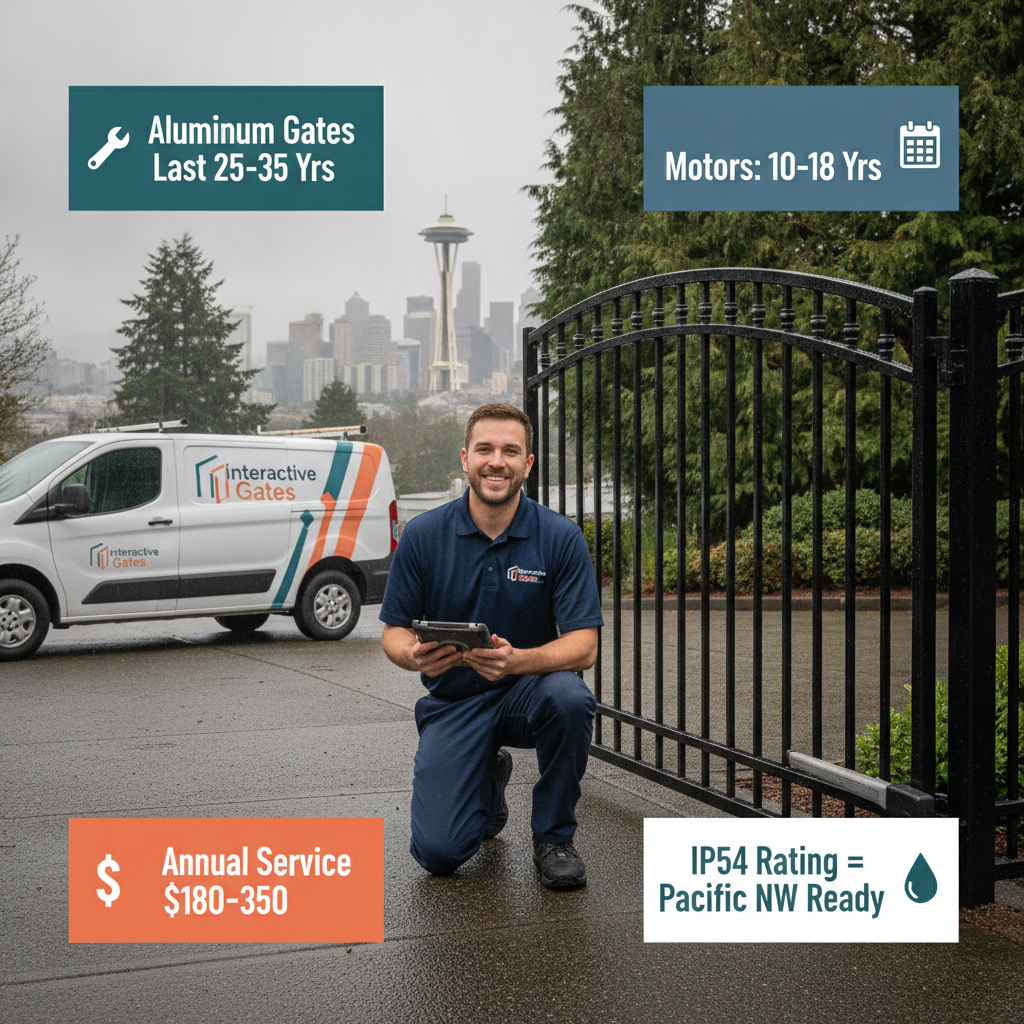 Seattle rain, salt air & debris explained — gate lifespans, costs & when to replace.