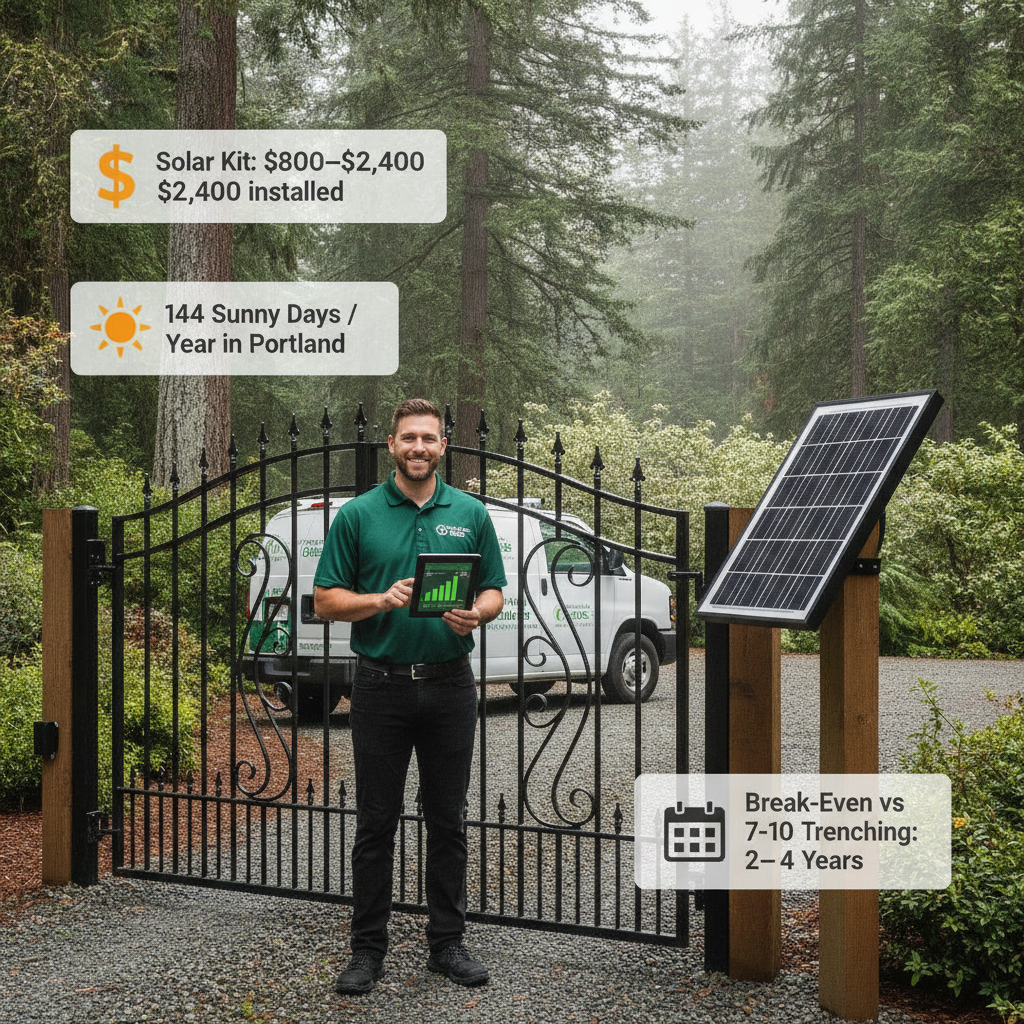 Solar gate costs, battery sizing & which Portland properties qualify in 2026.