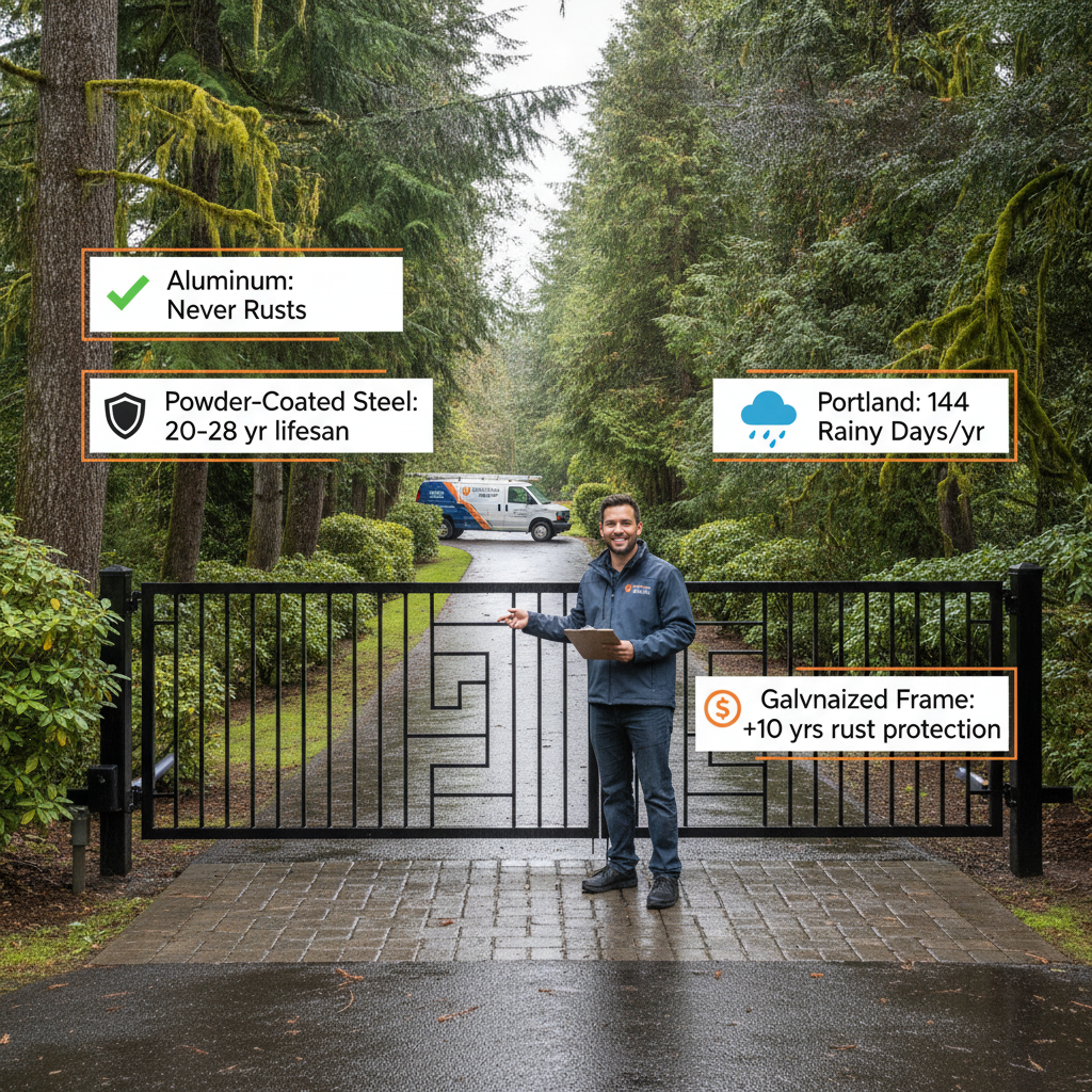 Which gate material survives Portland rain, moss & humidity best in 2026?