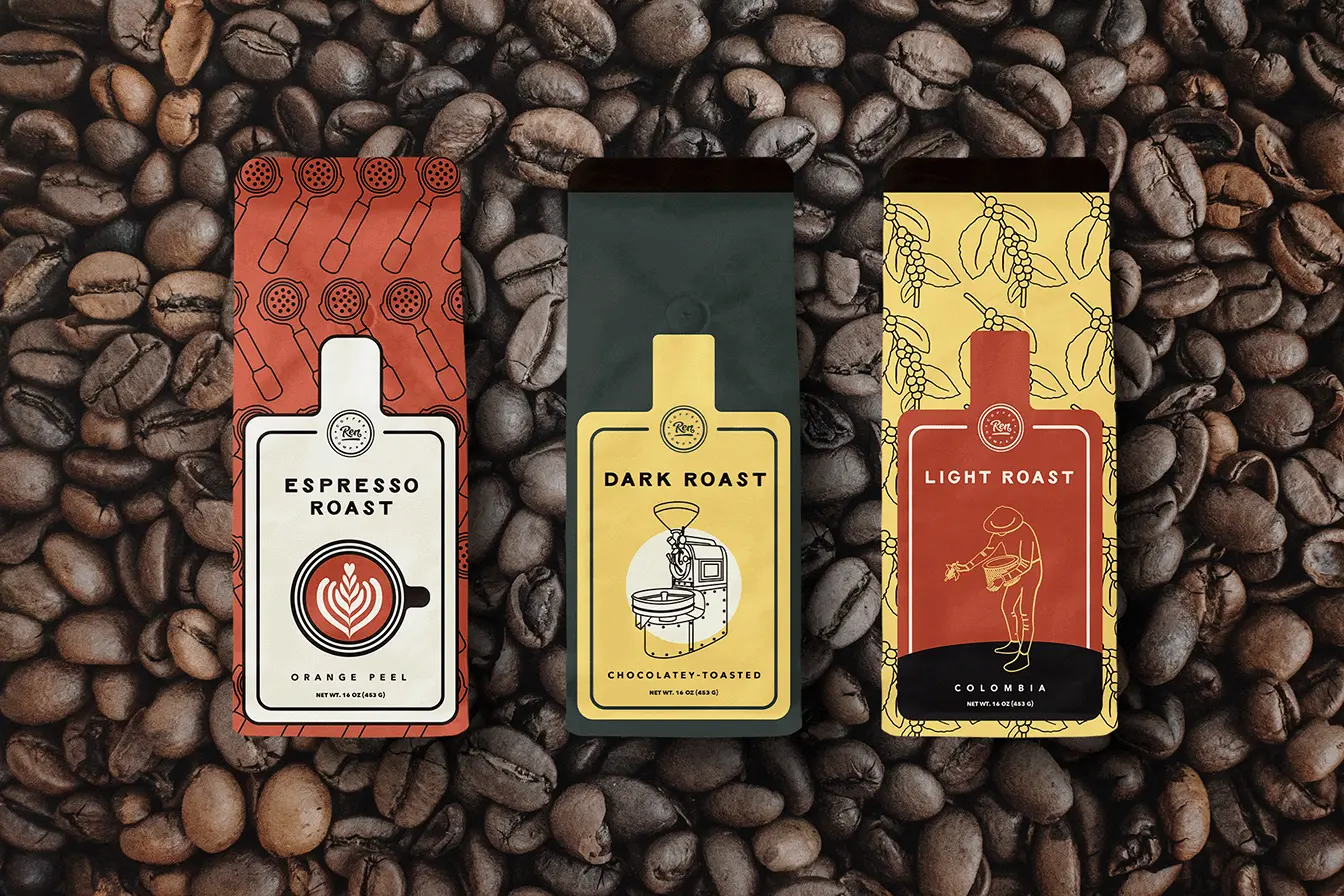 coffee bags with beans in the background