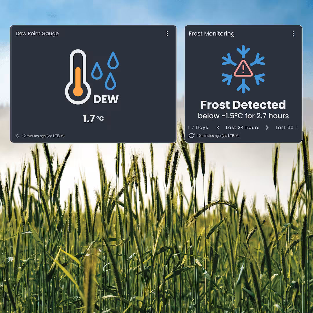 Dew point gauge shows 1.7°C and frost monitoring alert detects frost below -1.5°C for 2.7 hours.
