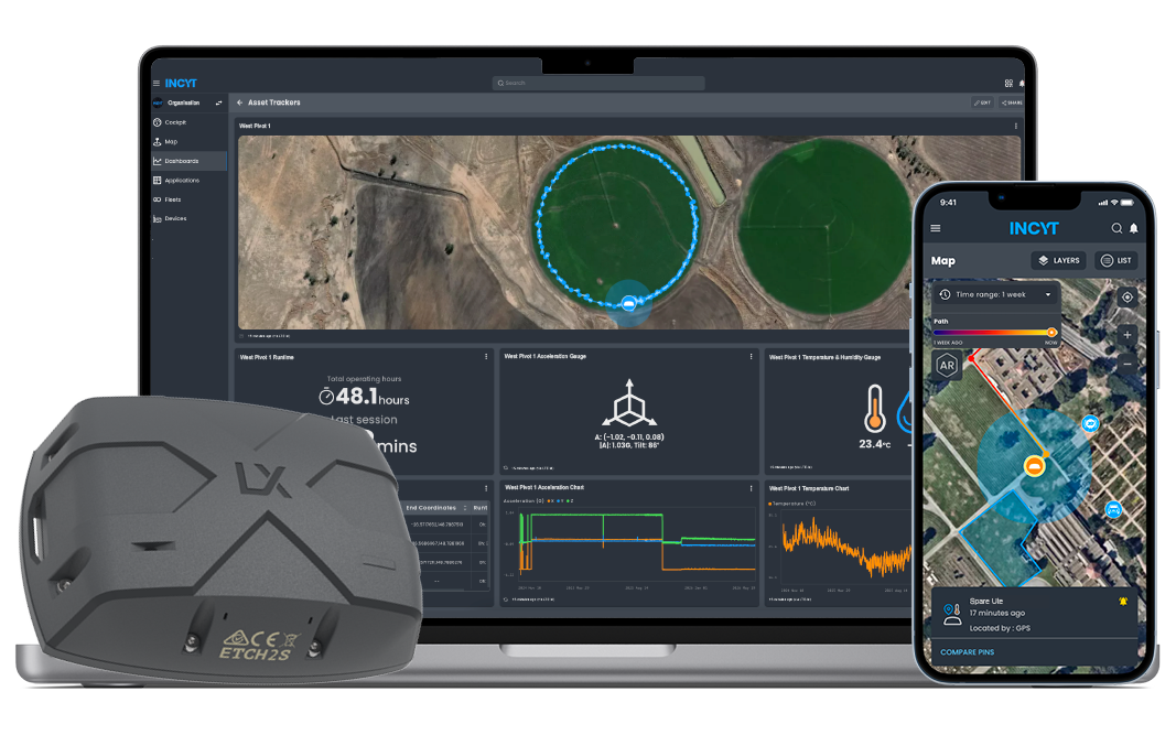 Device beside a laptop and phone displaying land and building asset tracking maps and analytics.