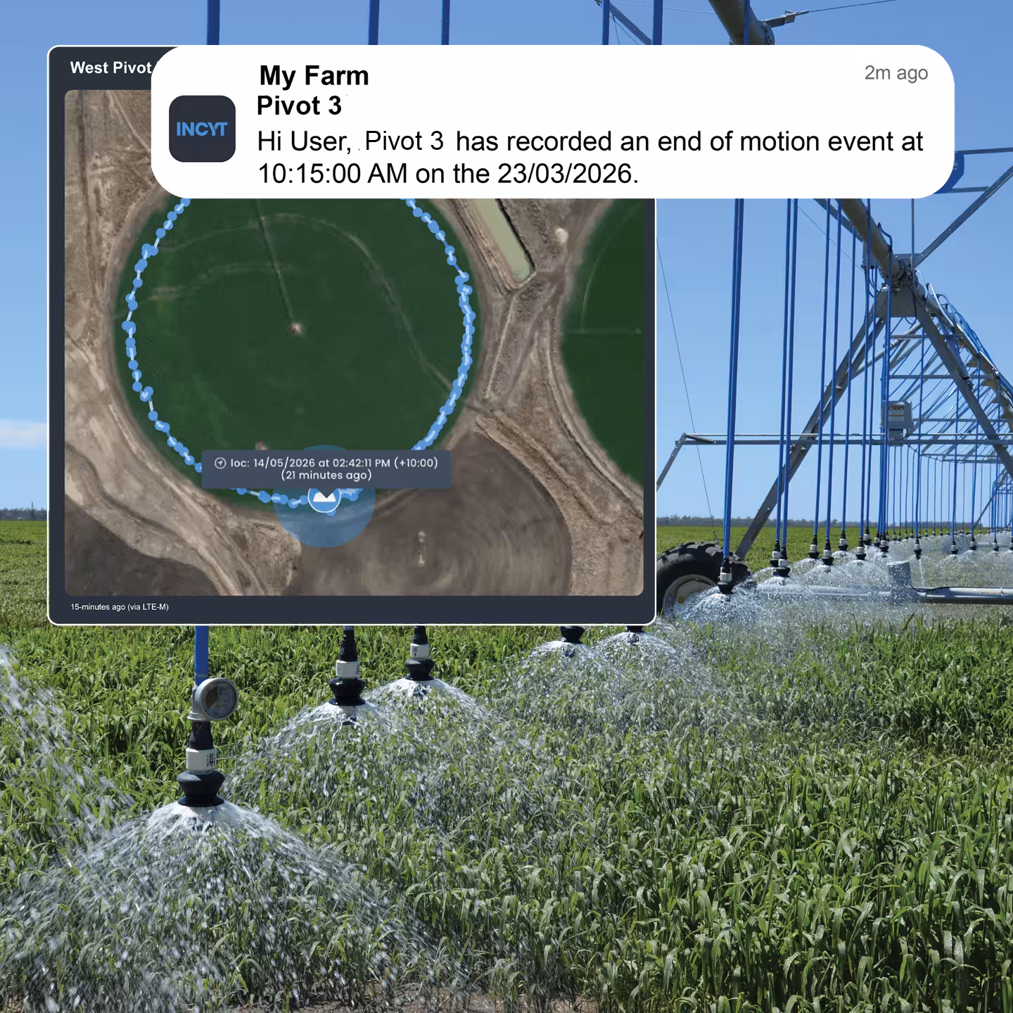 Pivot irrigation system watering a green farm field with notification of motion event on screen.