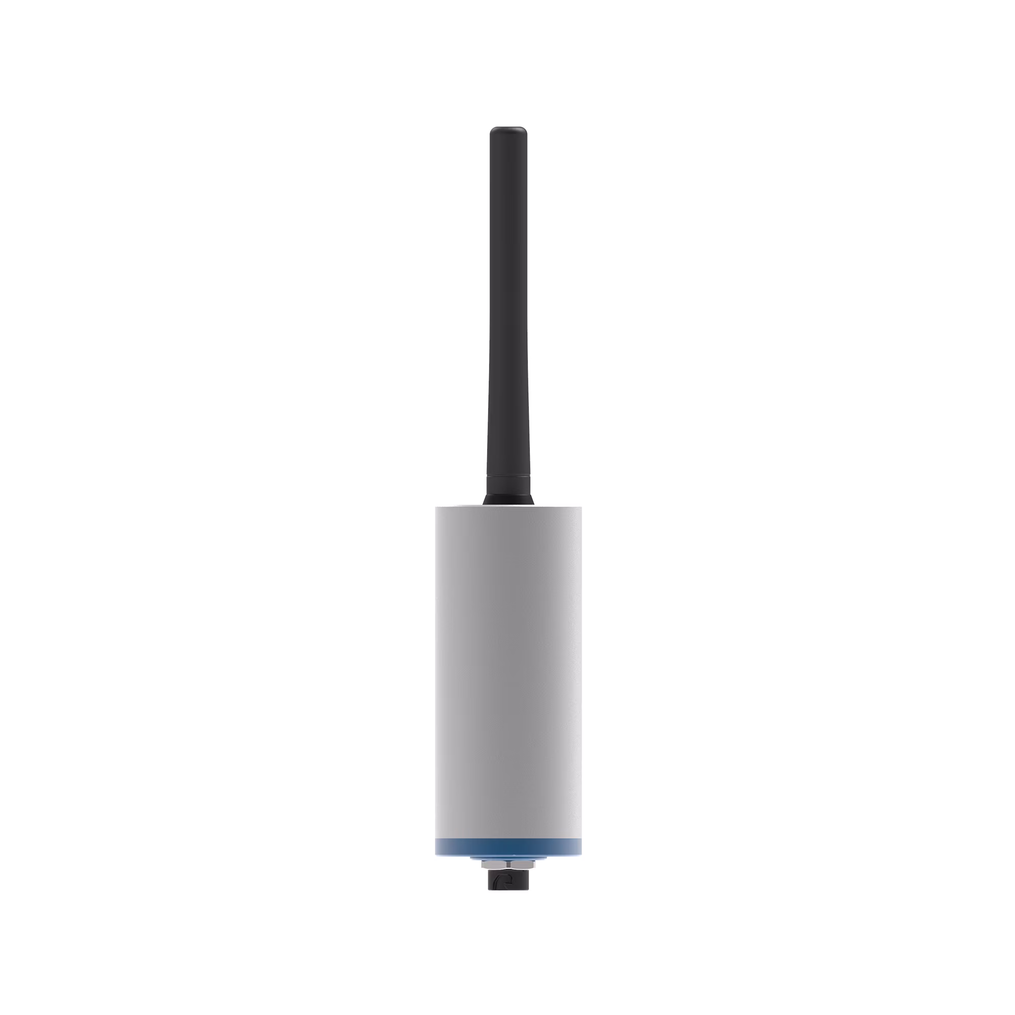 Cylindrical electronic device with a gray body, blue base, and black antenna on top.
