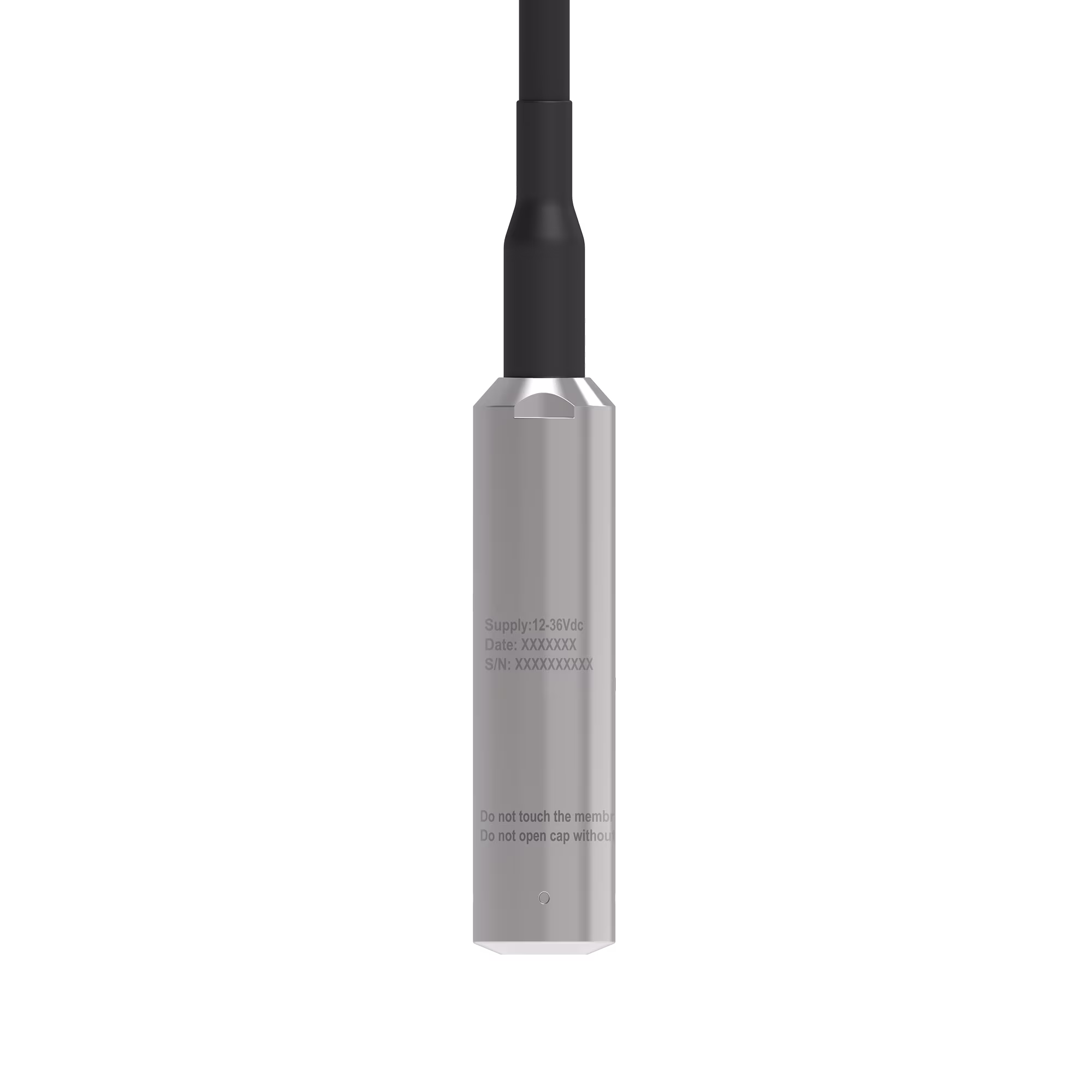 Silver cylindrical hydrostatic sensor with a black cable attached at the top, displaying faint printed technical details on its surface.