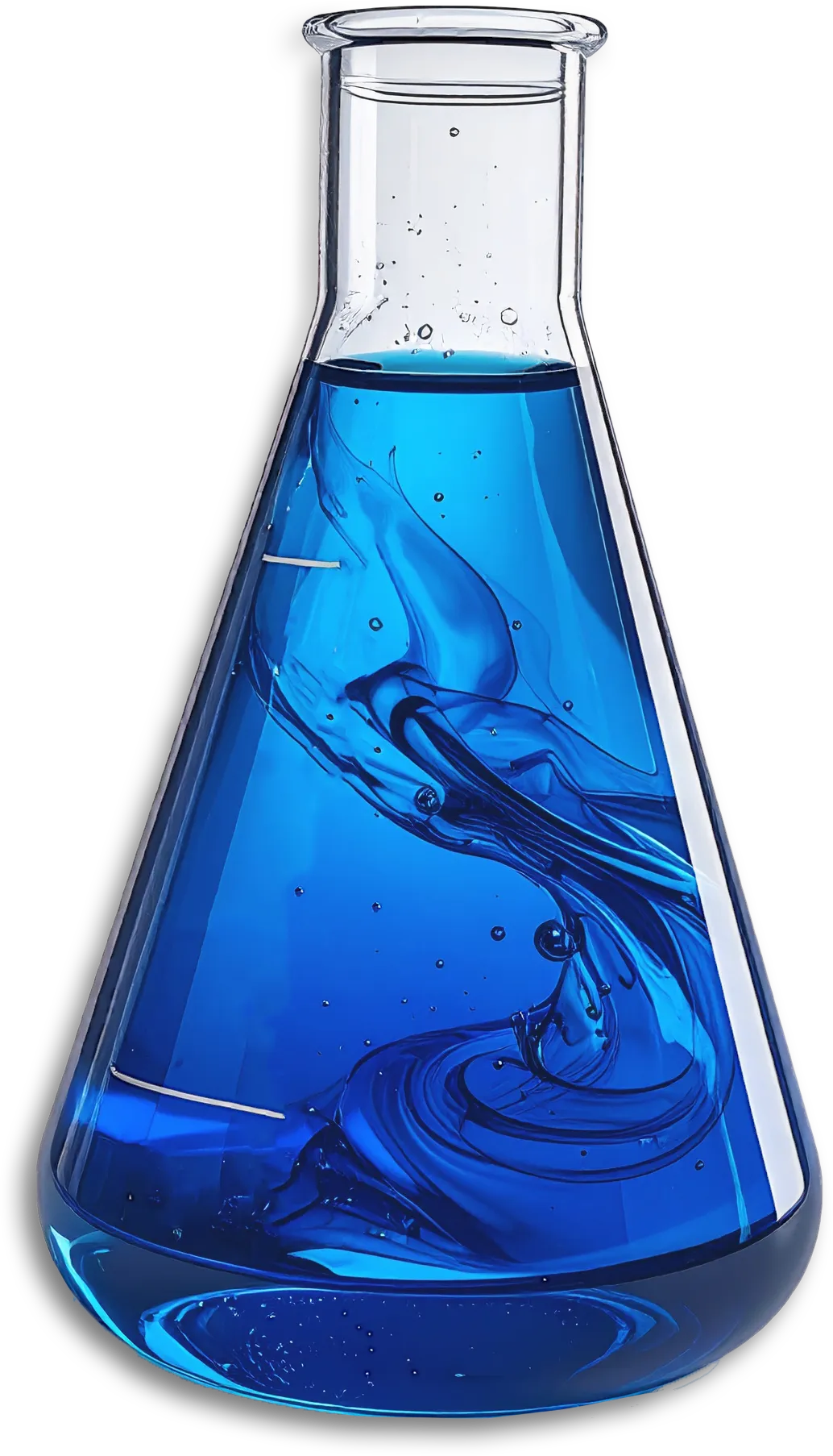 Clear glass beaker filled halfway with swirling blue liquid against a black background.