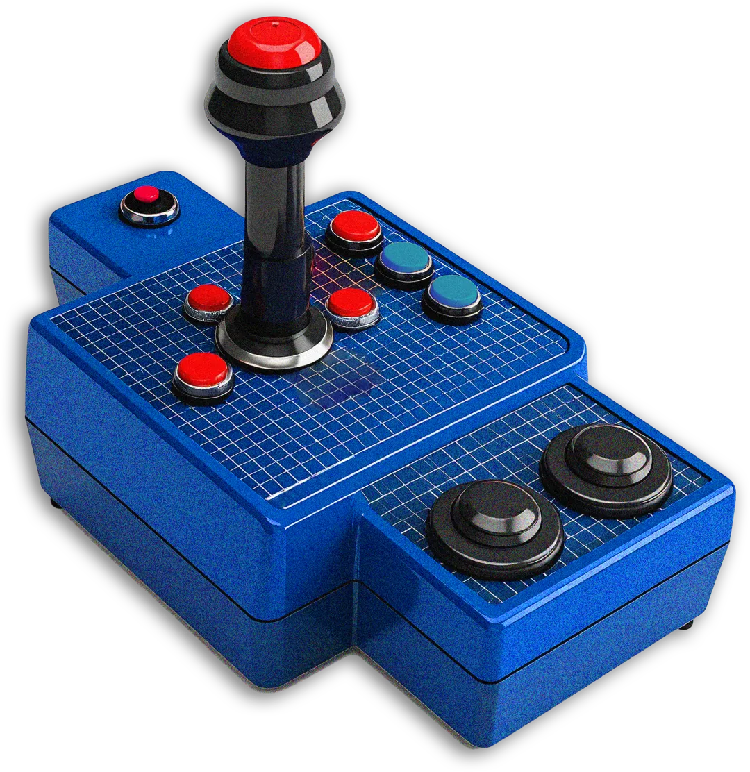 Blue retro joystick controller with red and blue buttons and black dials on a black background.
