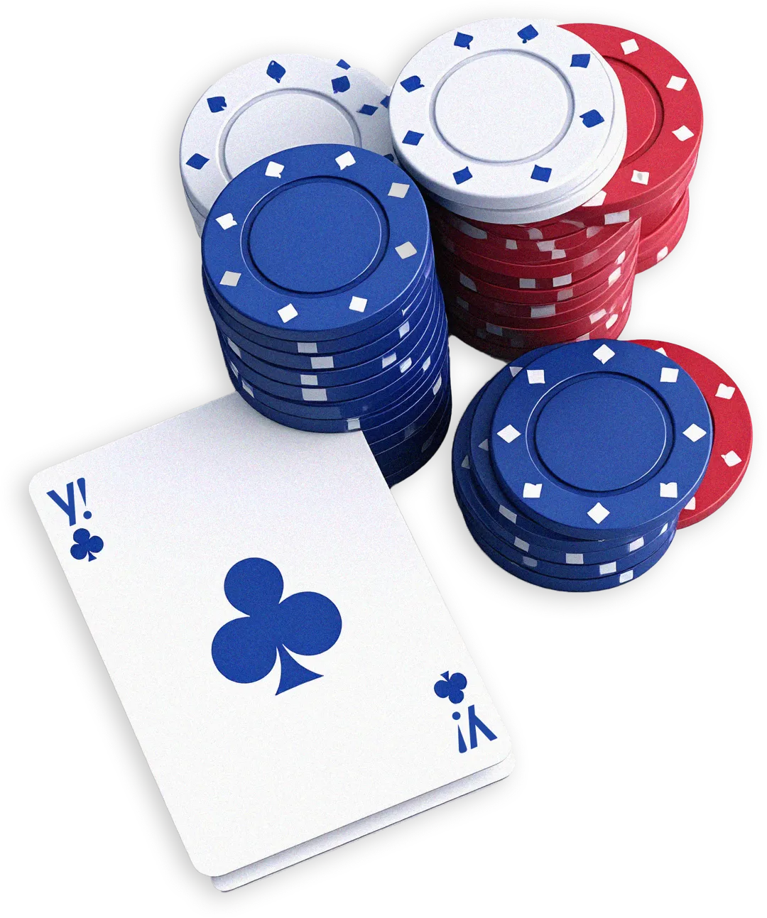 Poker chips in blue, red, and white stacked with an ace of clubs playing card.