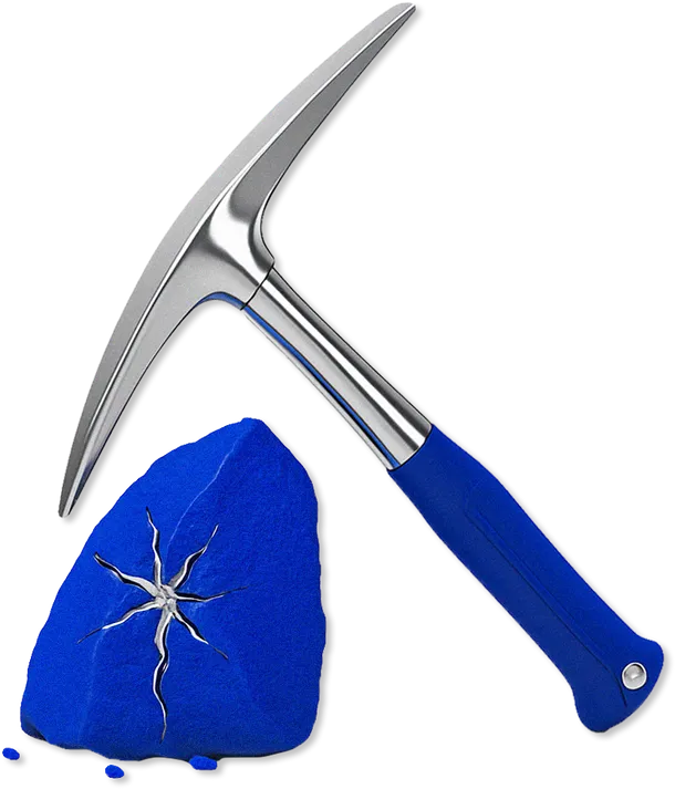 Blue-handled rock hammer breaking blue rock with visible white cracks.