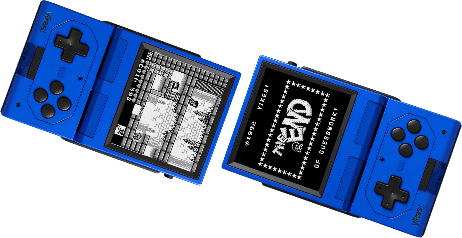 Two blue linked handheld gaming devices with black buttons and pixelated game screens.