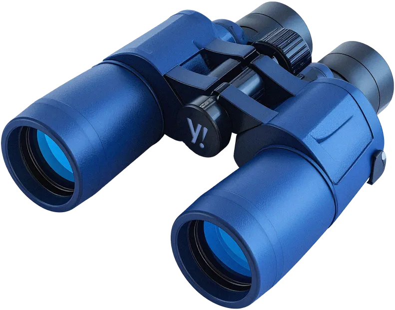 Blue compact binoculars with black eyepieces and central focusing knob.